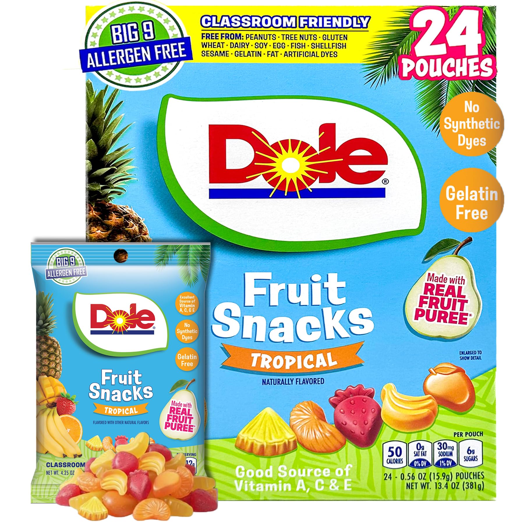 Dole Fruit Snacks, Tropical Flavors - Individually Wrapped Pouches - Classroom-Friendly, Top 9 Allergen Free, No Artificial Dyes, Natural Fruit Purée