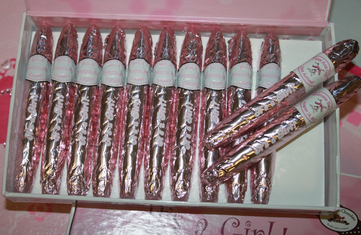 Custom Pink It's a Girl Chocolate Cigars Box of 24 with Personalized Bands