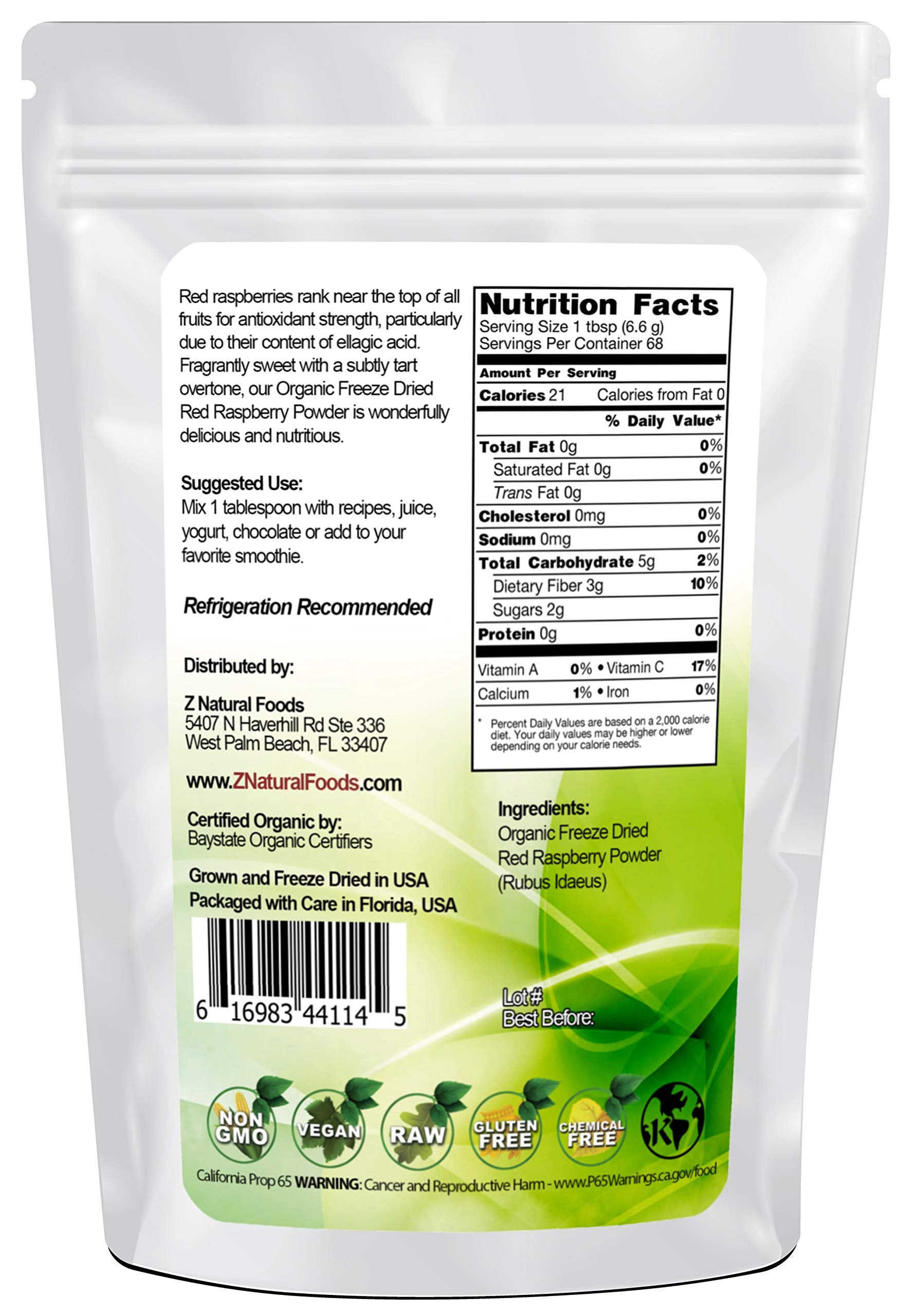 Organic Red Raspberry Powder - Freeze Dried Fruit Powder For Smoothie, Drinks, Baking Recipes - Powdered Berry Superfood - Unsweetened, Raw, Non GMO
