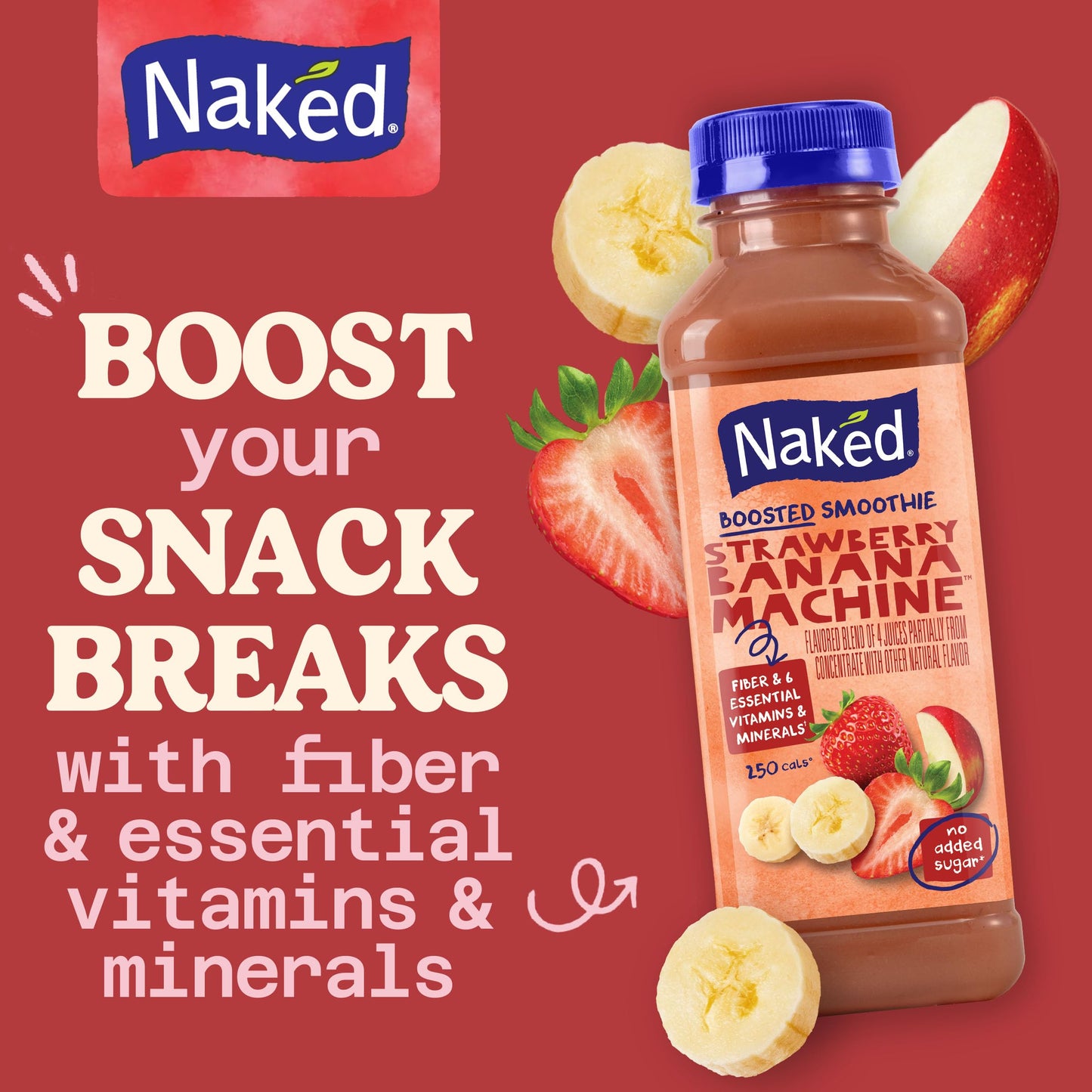 Naked Boosted Smoothie Strawberry Banana Machine, 15.2 fl oz Bottle - Real Fruit Juice Smoothie with Fiber, Excellent Source of Vitamin C and Vitamin