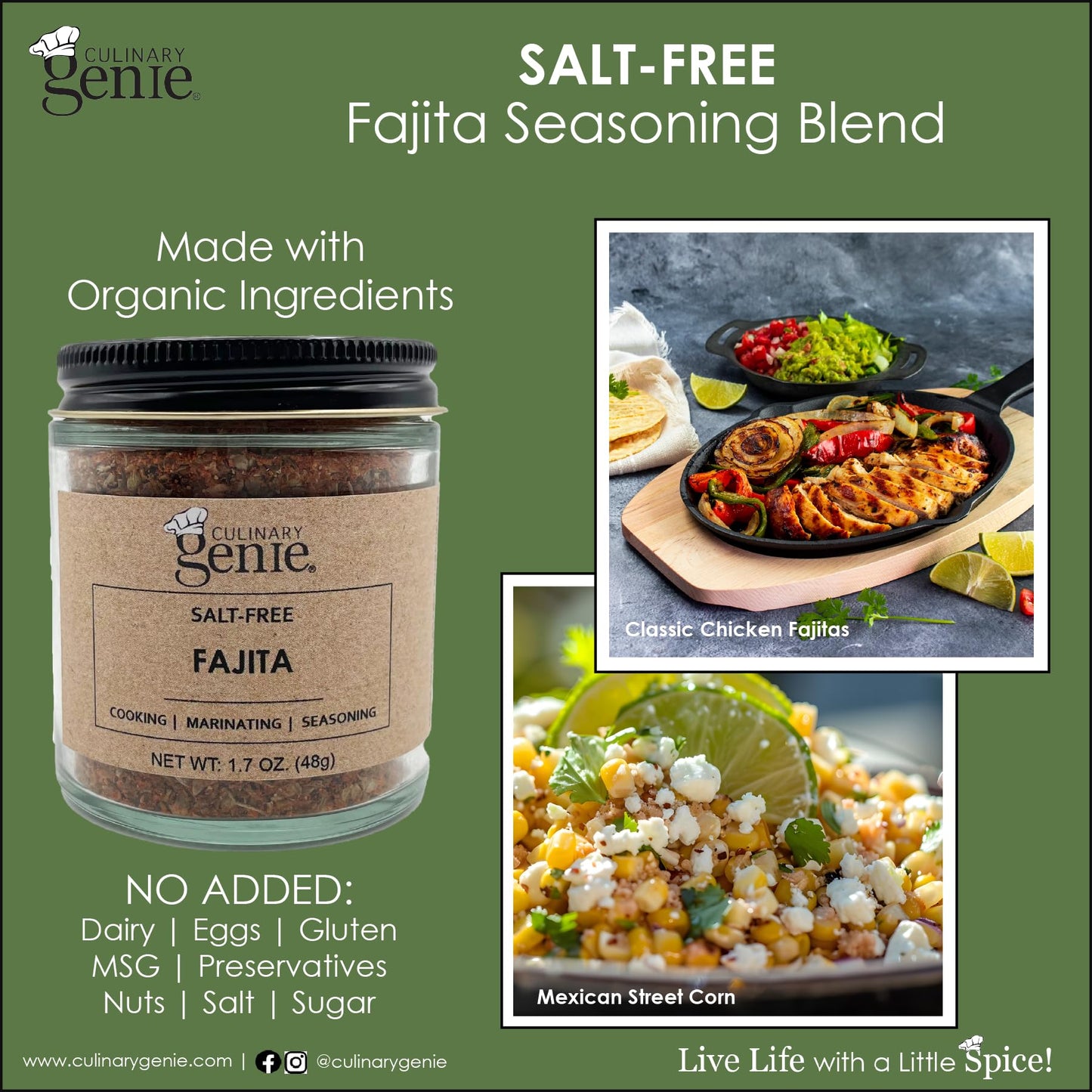 Culinary Genie Salt-Free Fajita Seasoning Blend - Classic Fajita Spice Mix, No Salt Added