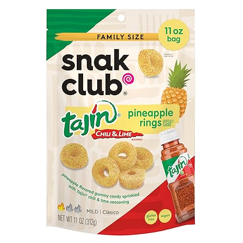 Snak Club Tajin Pineapple Rings Gummy Candy, Fruit Candy Gummies with Chili and Lime Seasoning, Mild, Gluten-Free and Vegan Snacks, 11 oz Resealable