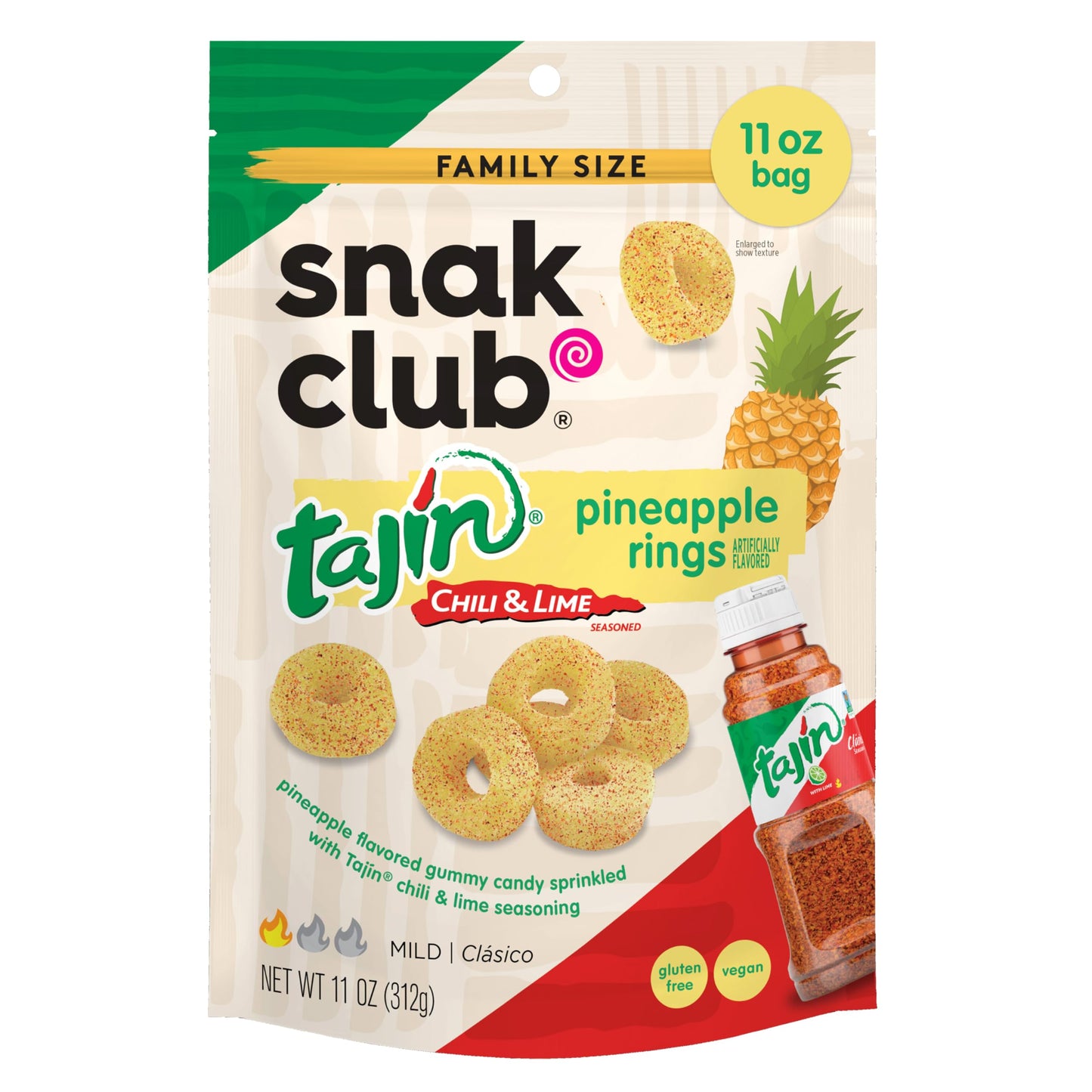 Snak Club Tajin Pineapple Rings Gummy Candy, Fruit Candy Gummies with Chili and Lime Seasoning, Mild, Gluten-Free and Vegan Snacks, 11 oz Resealable