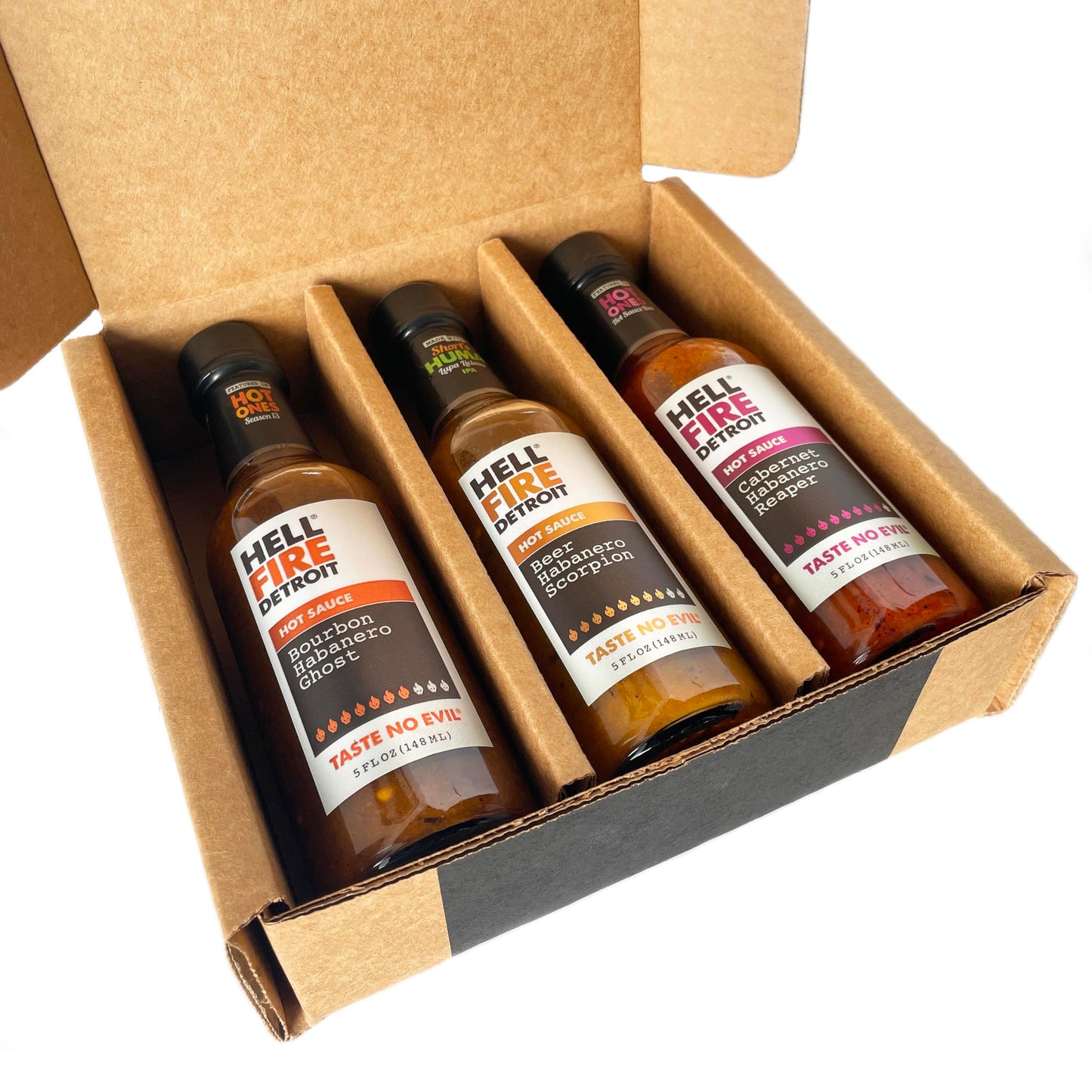 Hell Fire Detroit Hot Box #2 Gift Box (Extra Hot), Crafted with Fresh, Fire-Roasted Habanero, Ghost, Scorpion, and Reaper Chile Peppers, All-Natural