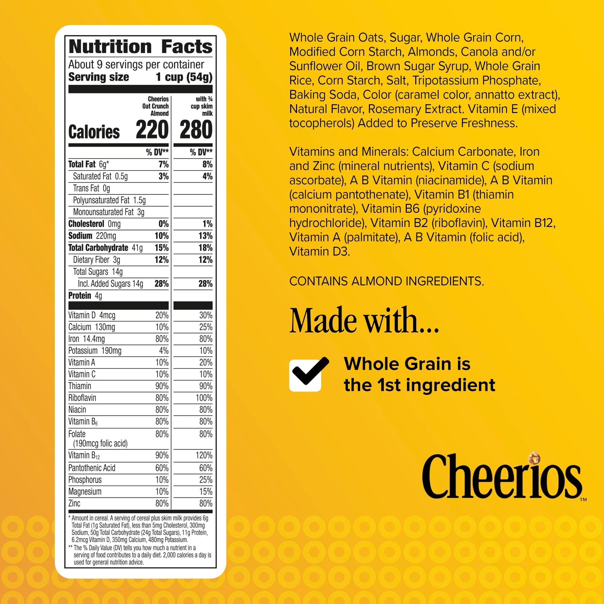 Cheerios Oat Crunch Almond Breakfast Cereal, Made with Whole Grain, Large Size, 18.2 oz