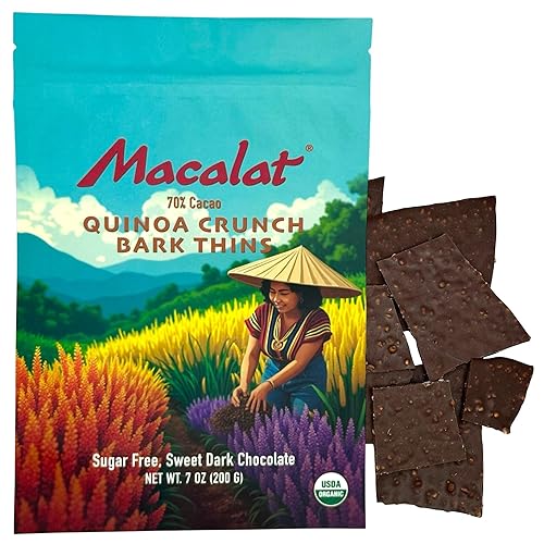 Macalat Quinoa Chocolate Crunch Thins, Sugar-Free Sweet Dark Chocolate Quinoa Crisps with Allulose and Monk Fruit, Bitter-Free 70% Peruvian Cacao