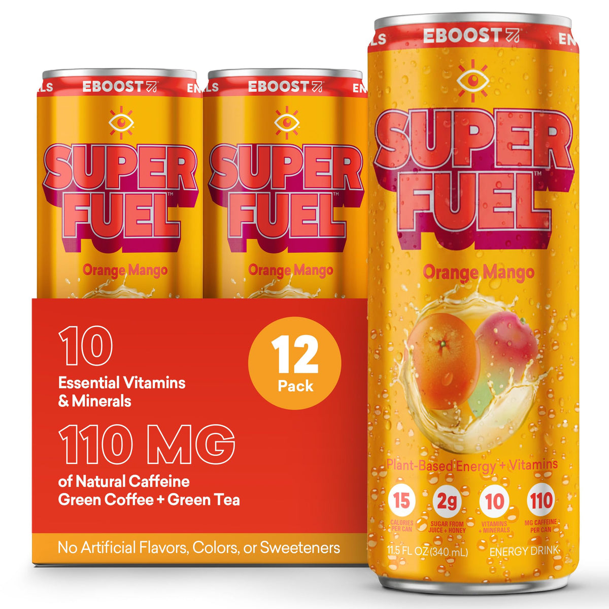 EBOOST SUPER FUEL Healthy Energy Drink - Orange Mango: 12 Healthy Energy Drinks - Focus & Productivity - 110 mg Caffeine + Nootropics, & Electrolytes