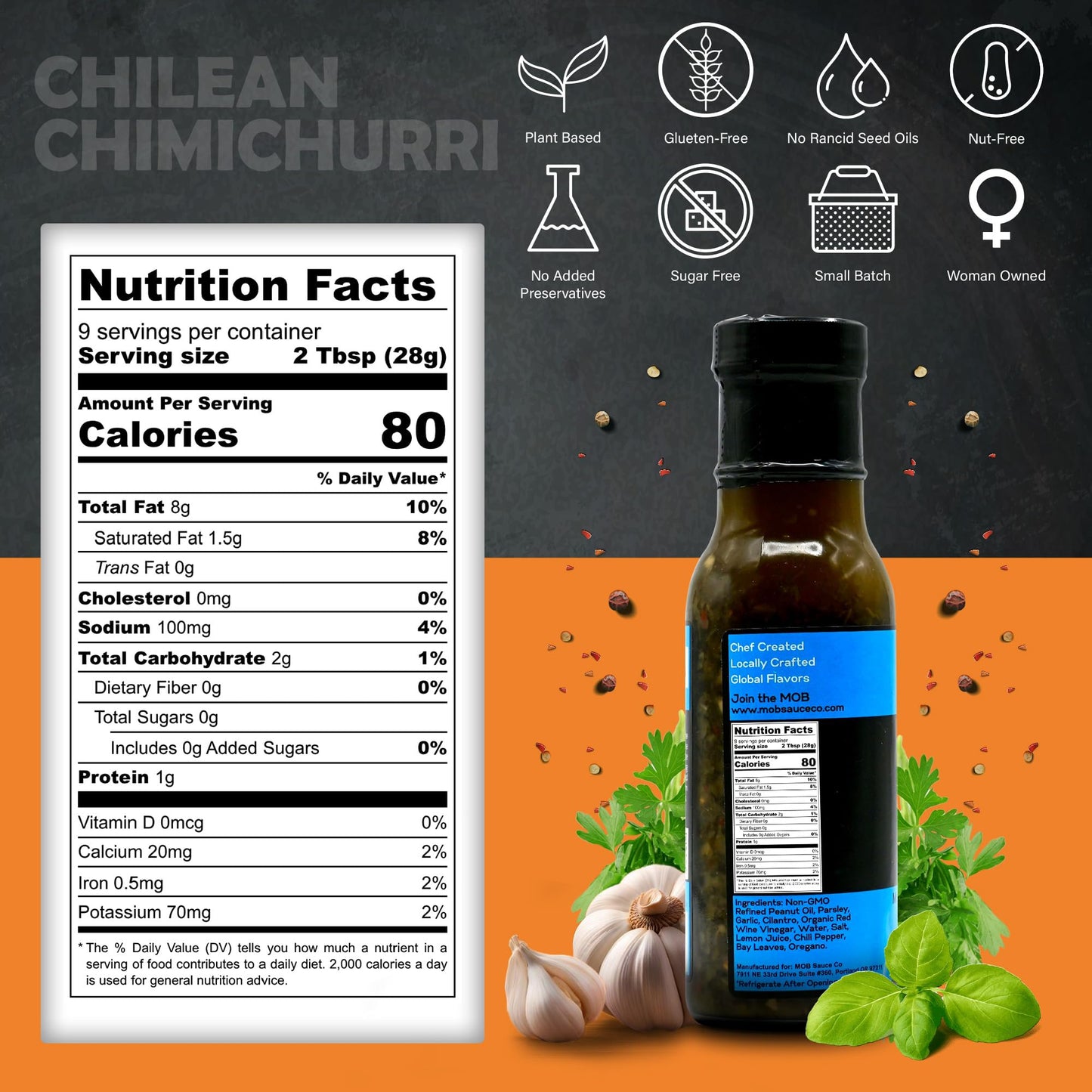 MOB Sauce Chilean Chimichurri - Award Winning Garlic & Herb Marinade Grilling & Dipping Sauce that’s Vegan, Gluten-Free, Keto-Friendly with Natural
