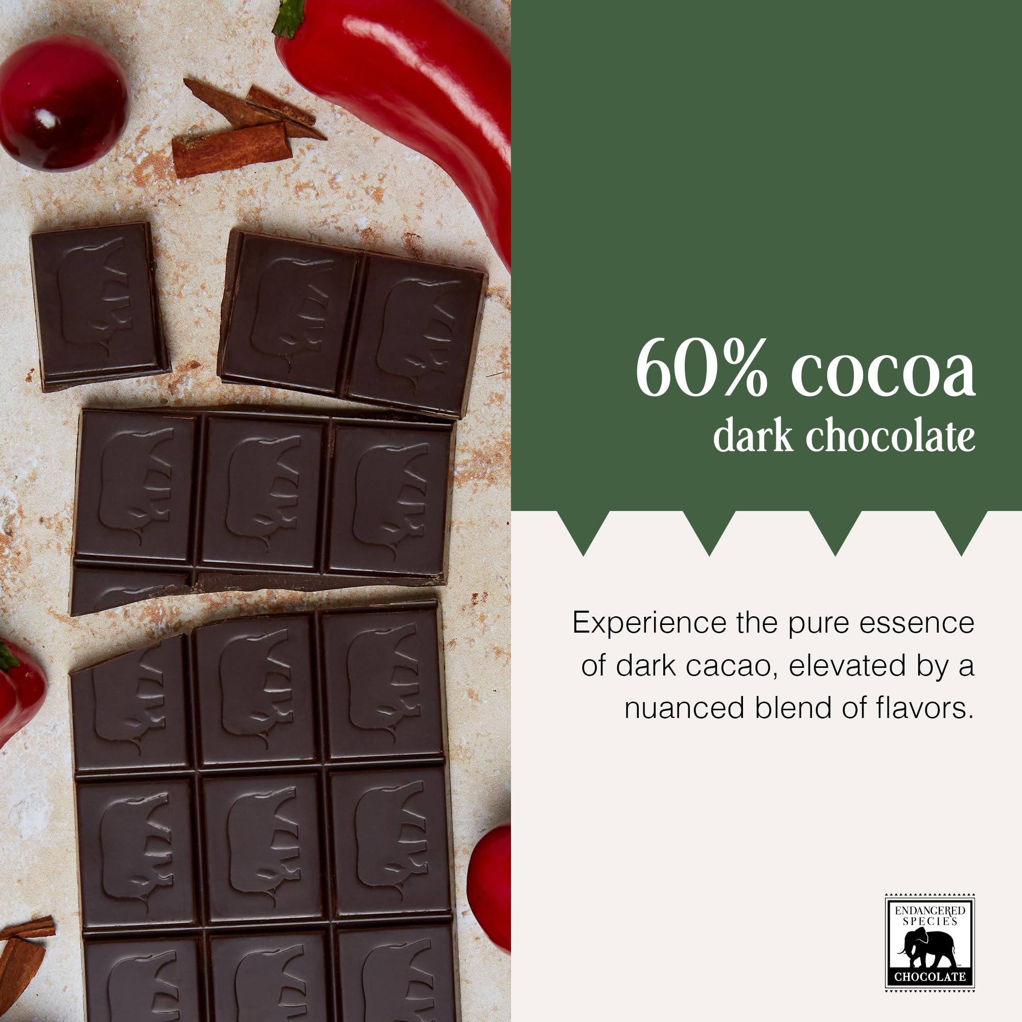 Endangered Species Dark Chocolate Bar with Cinnamon, Cayenne & Cherry (60% cocoa)