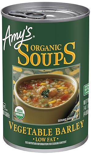 Amy’s Soup, Vegan Vegetable Barley Soup, Low Fat, Made With Organic Tomatoes, Carrots and Celery, Canned Soup, 14.1 Oz