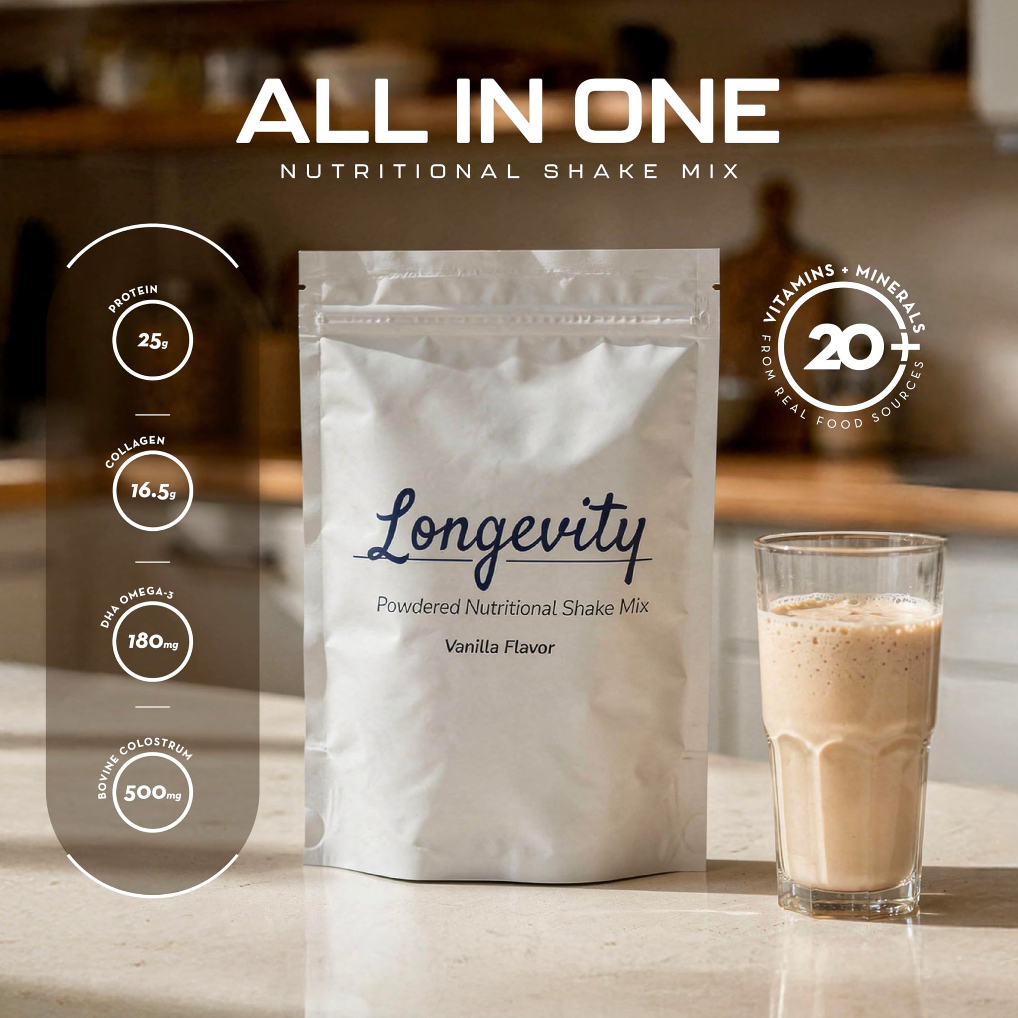 Longevity Wellness | Longevity All-in-One Nutritional Shake Mix | Complete Daily Nutrition with Protein, Vitamins & Minerals, & More | 30 Servings |
