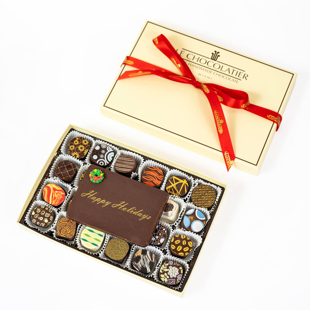 Le Chocolatier Happy Holidays Gourmet Lactose Free, Vegan Friendly Chocolate Truffle Gift Box - Perfect for Chistmas & New Years Gifts (24 Piece Box)