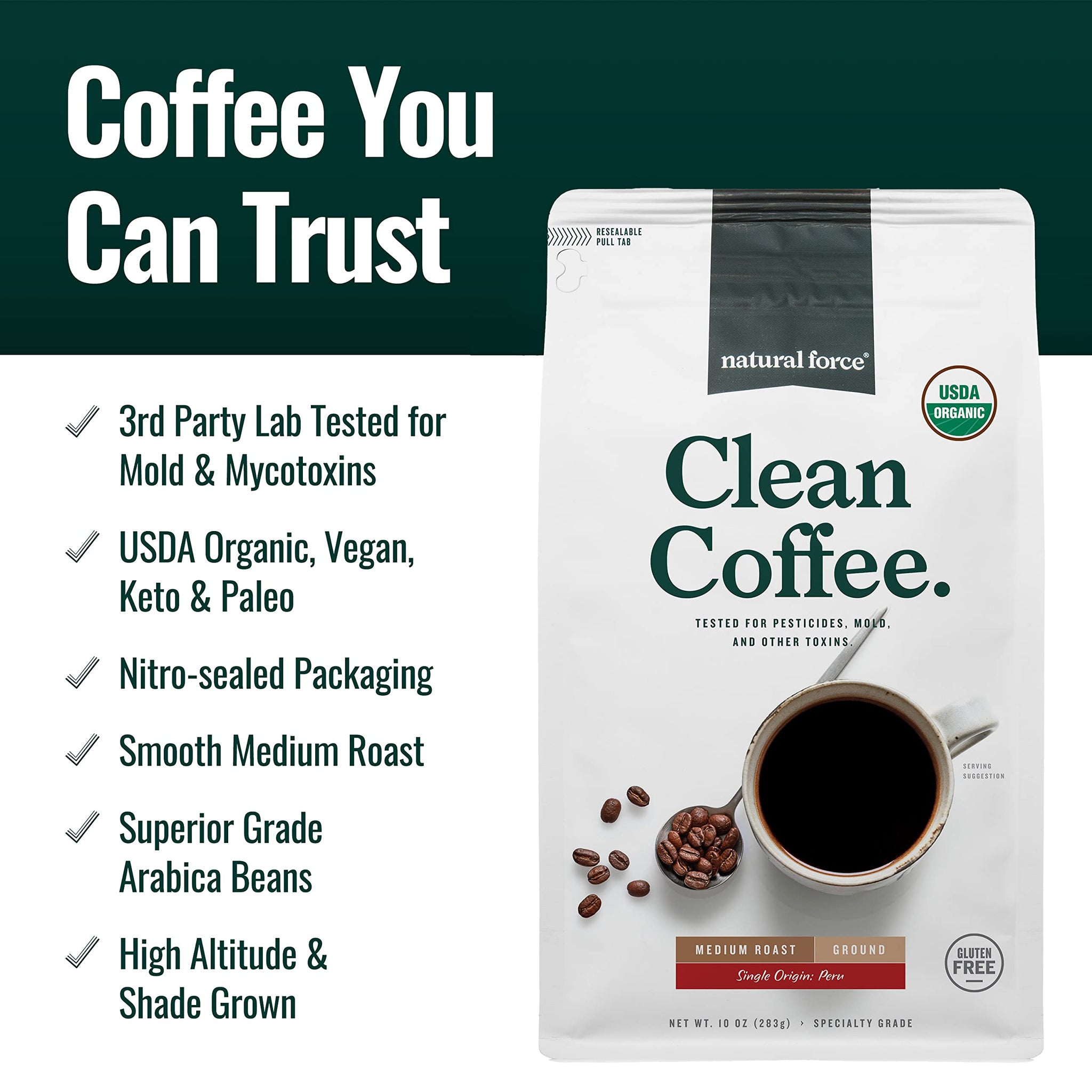 Natural Force Organic Mold Free Coffee, High CGA Coffee, Mycotoxin Free, Low Acidity, Incredible Taste & Aroma, Ground Medium Roast, 10 oz