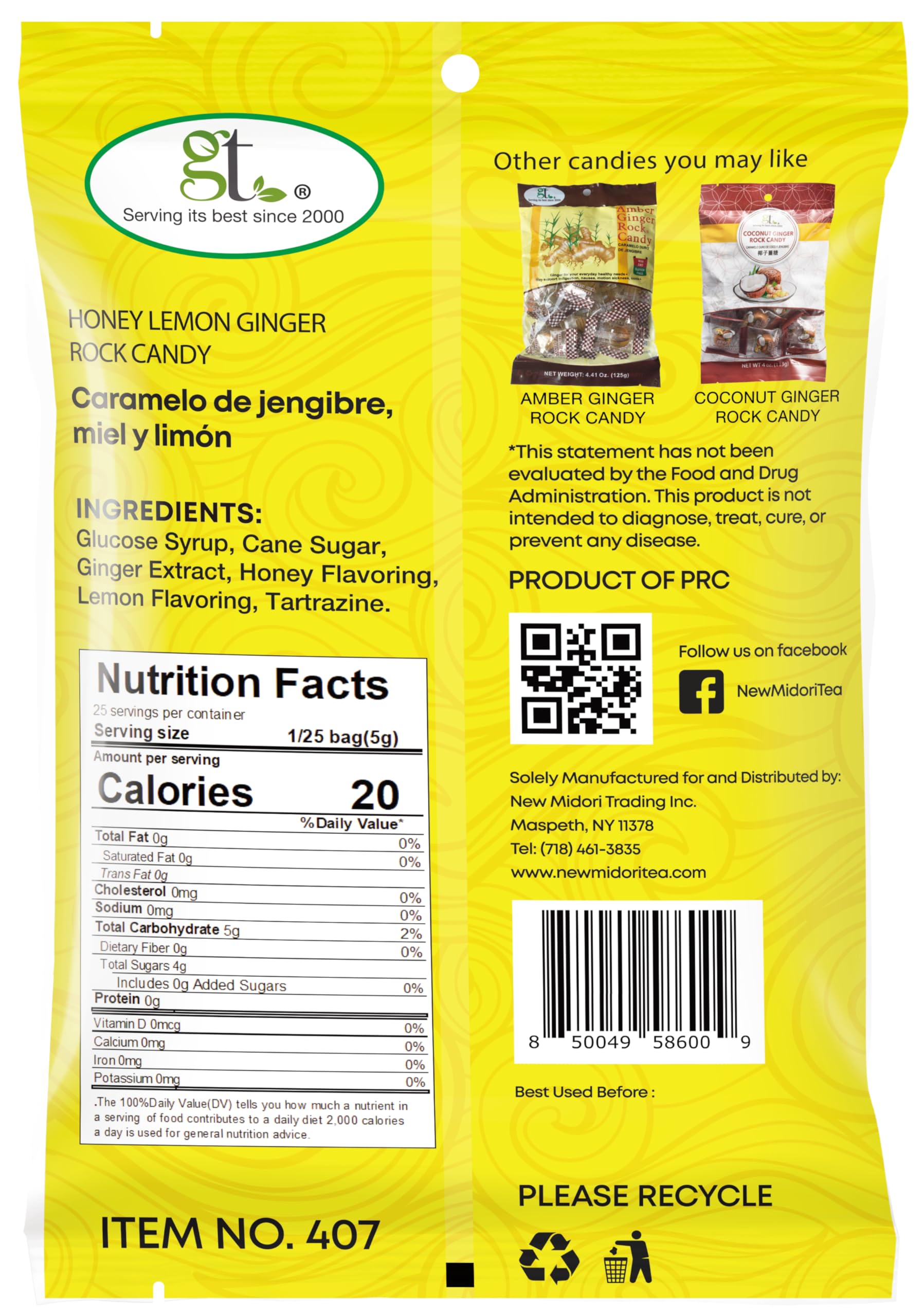 GT Honey Lemon Ginger Rock Candy, 4.41 Ounce Bag, 1 Pack