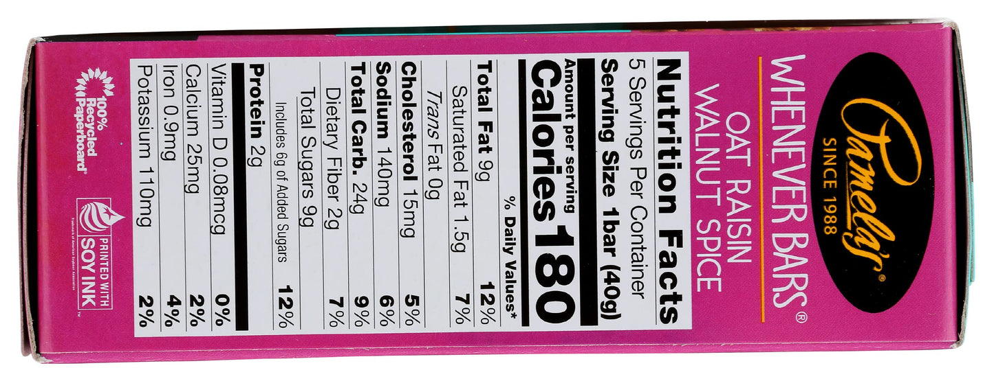 Pamela's Whenever Bars, Oat Raisin Walnut Spice, 5 ct
