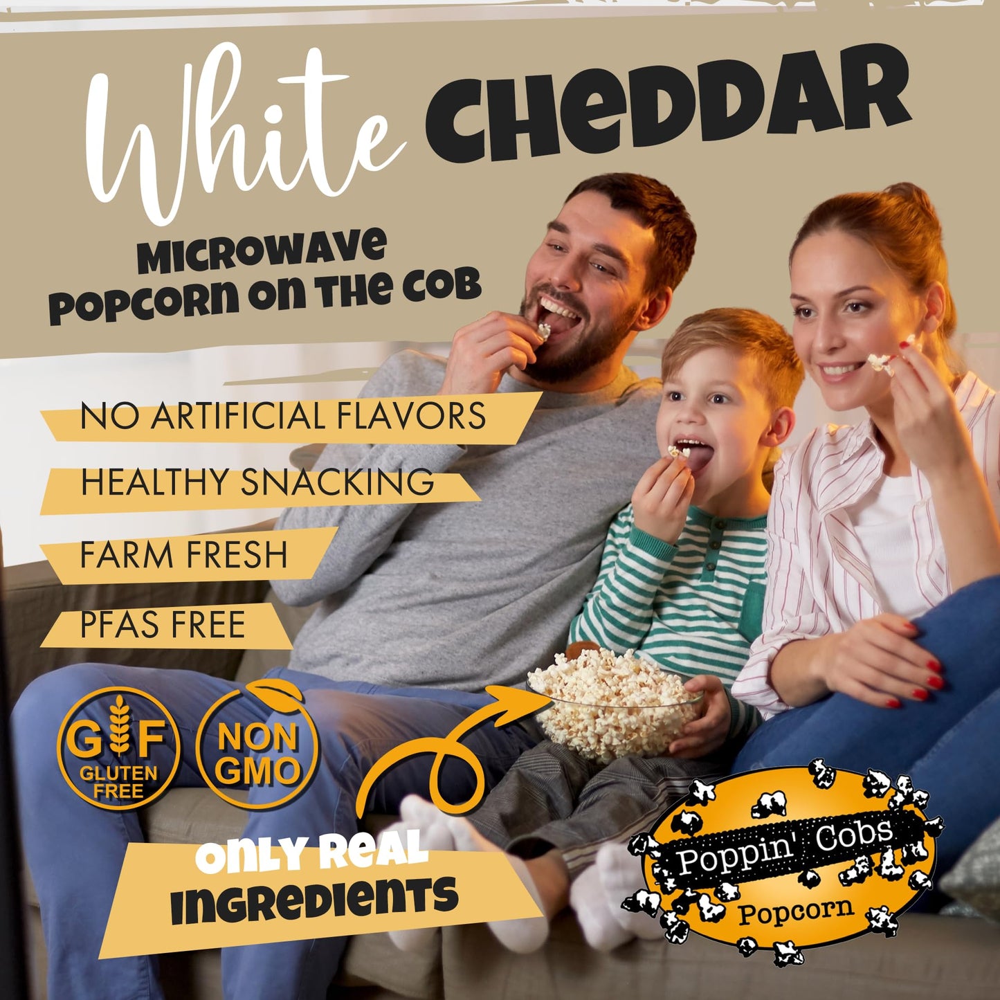 Poppin Cobs Microwave Popcorn on the Cob (8 PK) (White Cheddar) Whole Popcorn Kernels, Individually Wrapped Healthy Pop Corn on the Cob with Bags