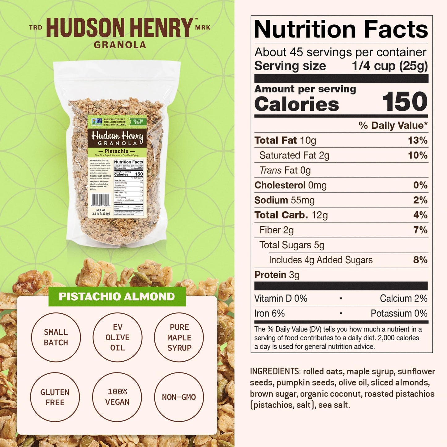 Hudson Henry Pistachio Almond Granola | Gluten Free Granola with Nuts and Seeds | Vegan, Non-GMO & Small Batch Baked with Pure Maple Syrup & Extra