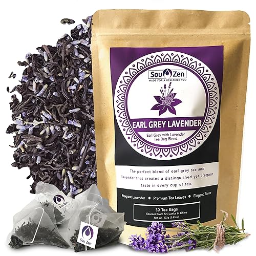 Sou Zen Earl Grey Lavender 30 Corn-Fiber Pyramid Tea Bags | Premium Loose Leaf Blend with Bergamot & Lavender | Naturally Organic Ingredients, No