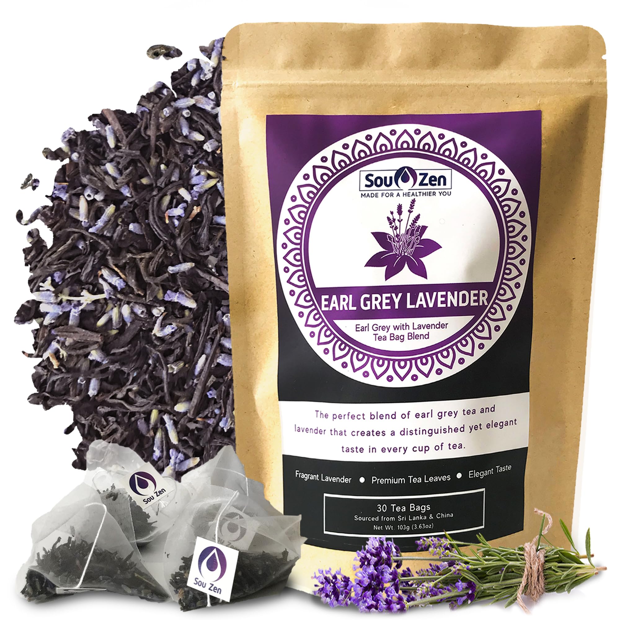 Sou Zen Earl Grey Lavender 30 Corn-Fiber Pyramid Tea Bags | Premium Loose Leaf Blend with Bergamot & Lavender | Naturally Organic Ingredients, No