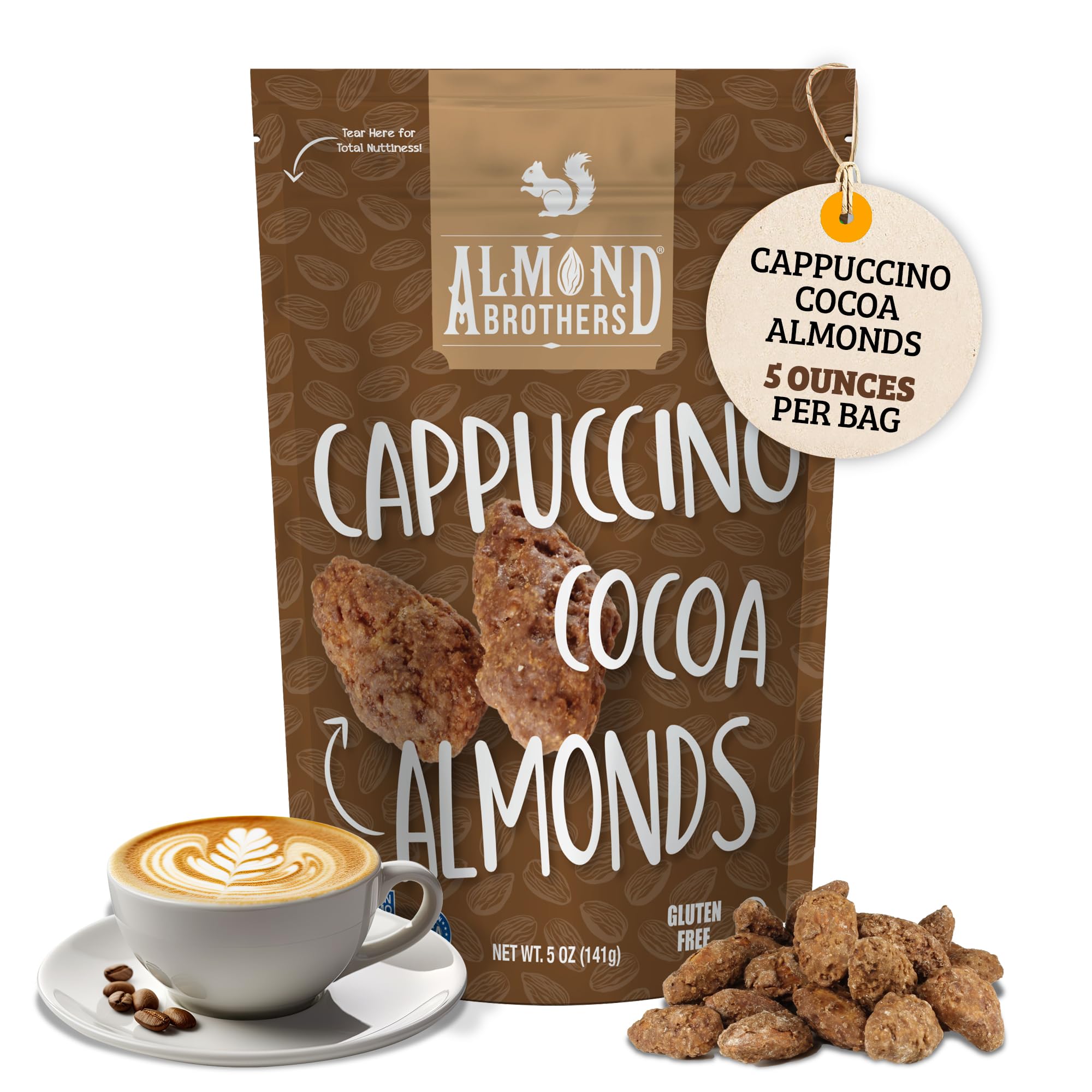 Almond Brothers Roasted Almonds - Pack of 3, 5 oz - Hand Crafted Cappuccino & Cocoa Almonds, Gluten-Free, Non-GMO