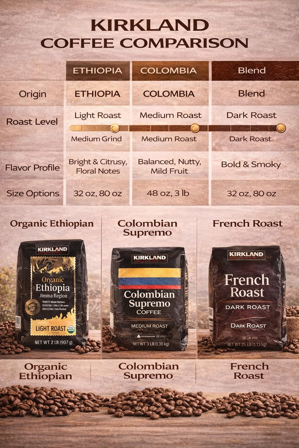 Kirkland Signature Organic Ethiopia Whole Bean Coffee, Light Roast (32 Ounce)
