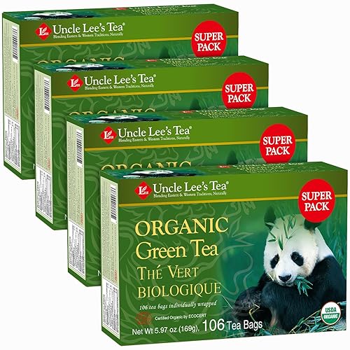 Uncle Lee's Organic Green Tea Bags 4-Pack, 106-Count Super Packs - Bright & Refreshing, Lightly Caffeinated Bulk Tea for Home, Office, Camping