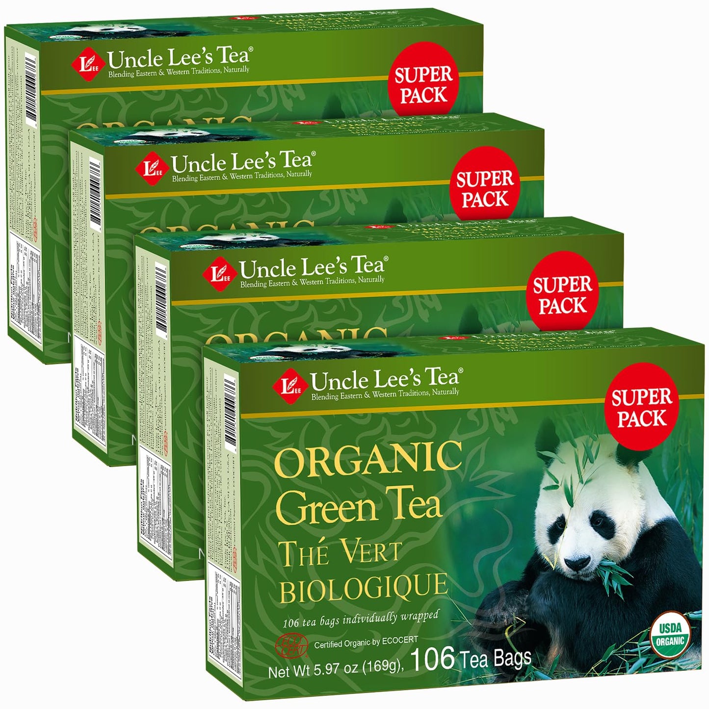 Uncle Lee's Organic Green Tea Bags 4-Pack, 106-Count Super Packs - Bright & Refreshing, Lightly Caffeinated Bulk Tea for Home, Office, Camping