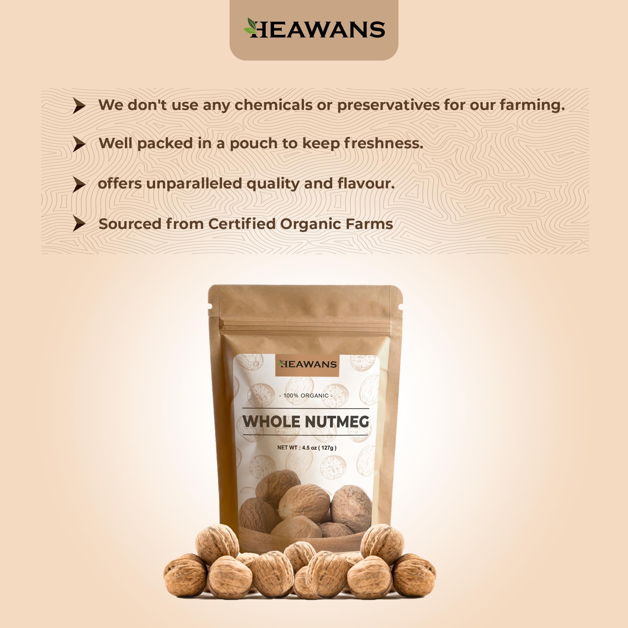 Heawans Organic Whole Nutmeg 4.5 oz, Premium Grade, Packed in a stand up resealable pouch.