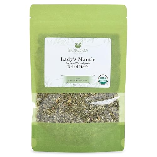 Biokoma Organic Lady's Mantle Herb 1.76 oz - Loose Herbal Tea Alchemilla Vulgaris - USDA Organic Leaves - Resealable Moisture Proof Pouch - No