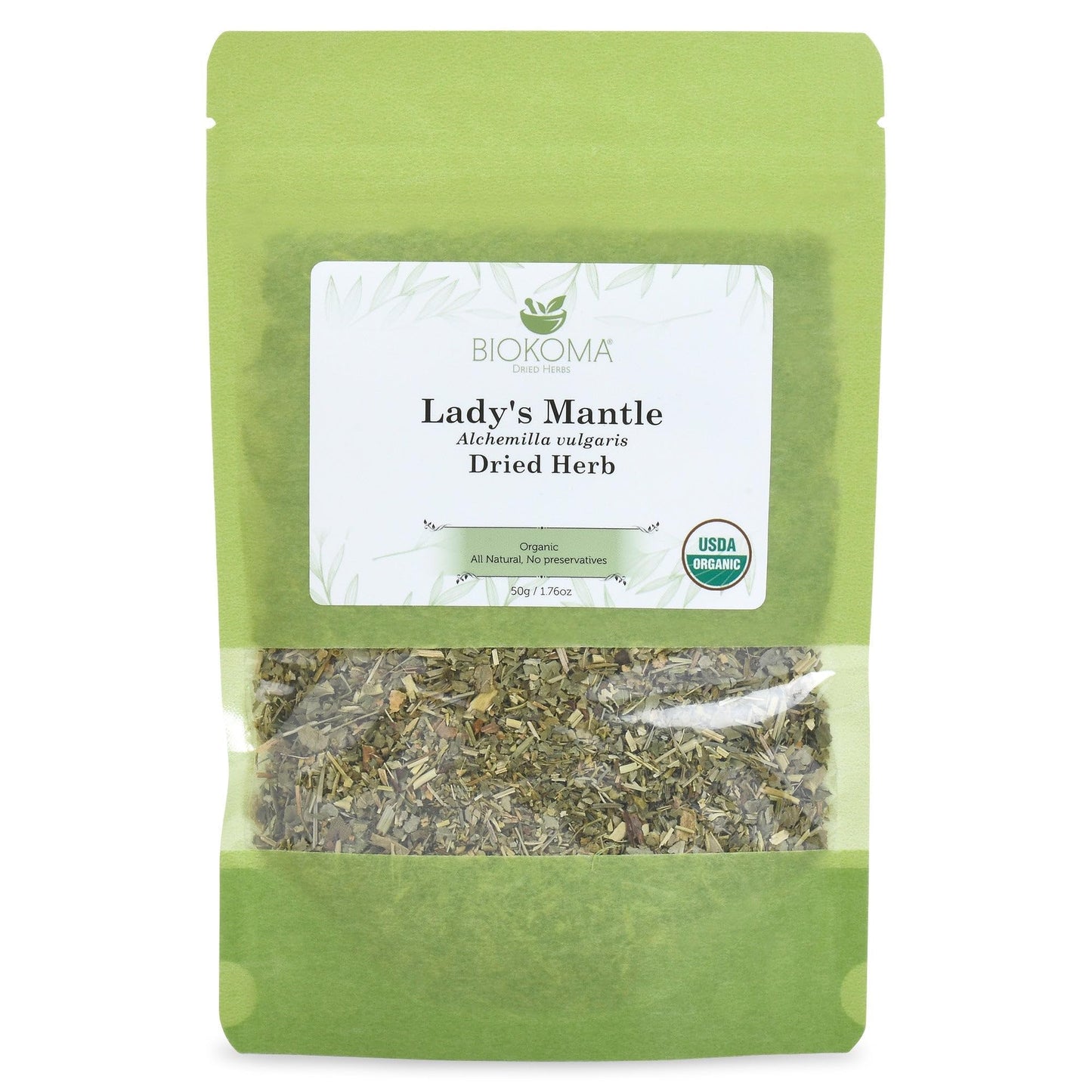 Biokoma Organic Lady's Mantle Herb 1.76 oz - Loose Herbal Tea Alchemilla Vulgaris - USDA Organic Leaves - Resealable Moisture Proof Pouch - No
