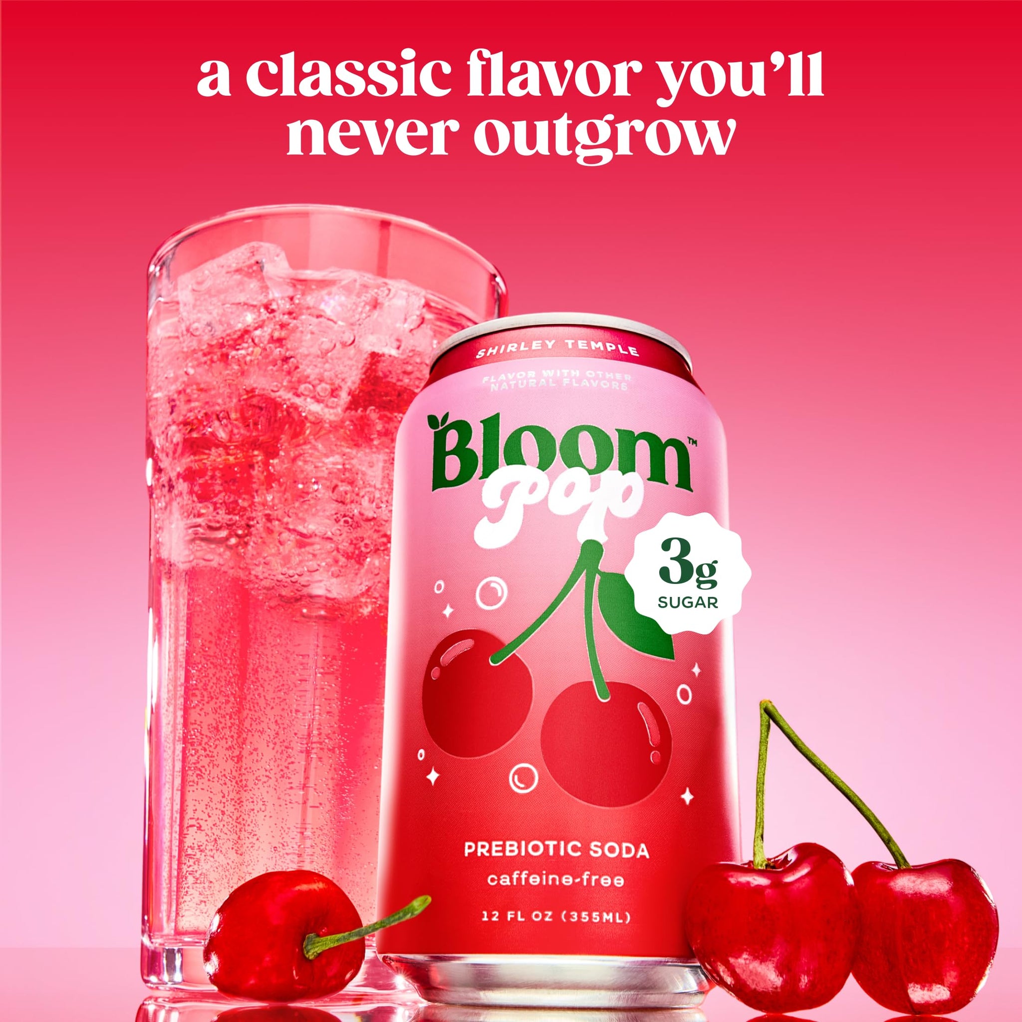 Bloom Pop Prebiotic Soda 12 Pack, Shirley Temple Flavor, 12oz Cans | Prebiotic Soda for Gut Health, Low Calorie Soda, No Caffeine, Healthy Soft Drink