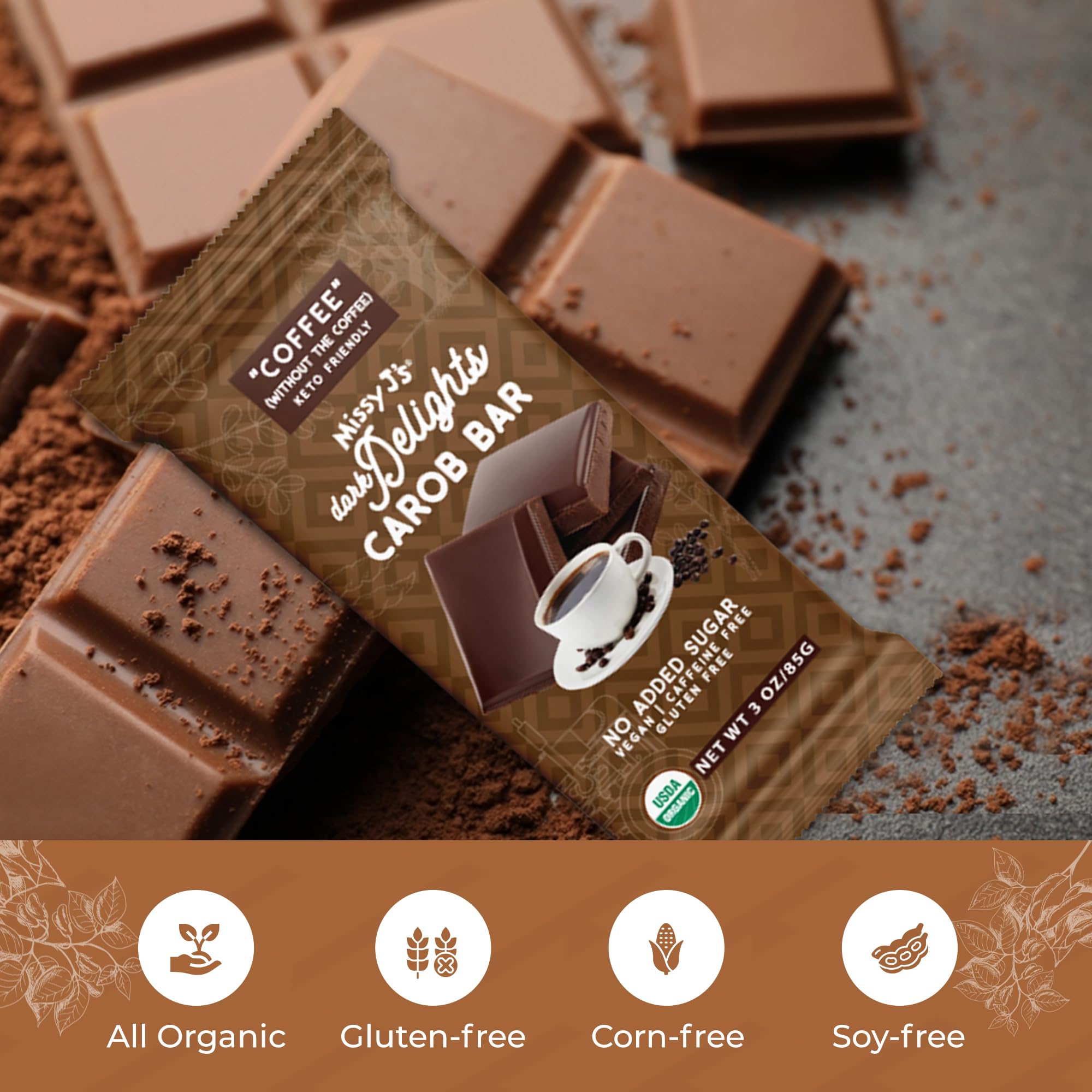 Missy J's Organic Carob Dark Delights Unsweetened Coffee Candy Bar 3 Oz 2 Pack | Vegan, Gluten and Caffeine Free, Healthy Substitute for Chocolate