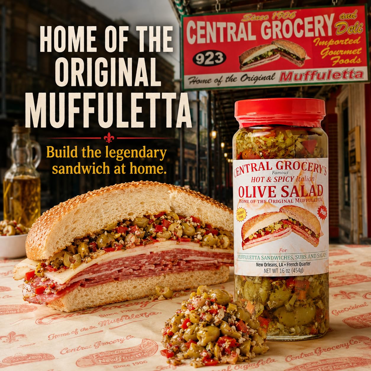 Central Grocery Hot & Spicy Olive Salad 16 oz, Authentic New Orleans Italian Olive Salad, Spicy Muffuletta Sandwich Spread, Olive Vegetable Relish