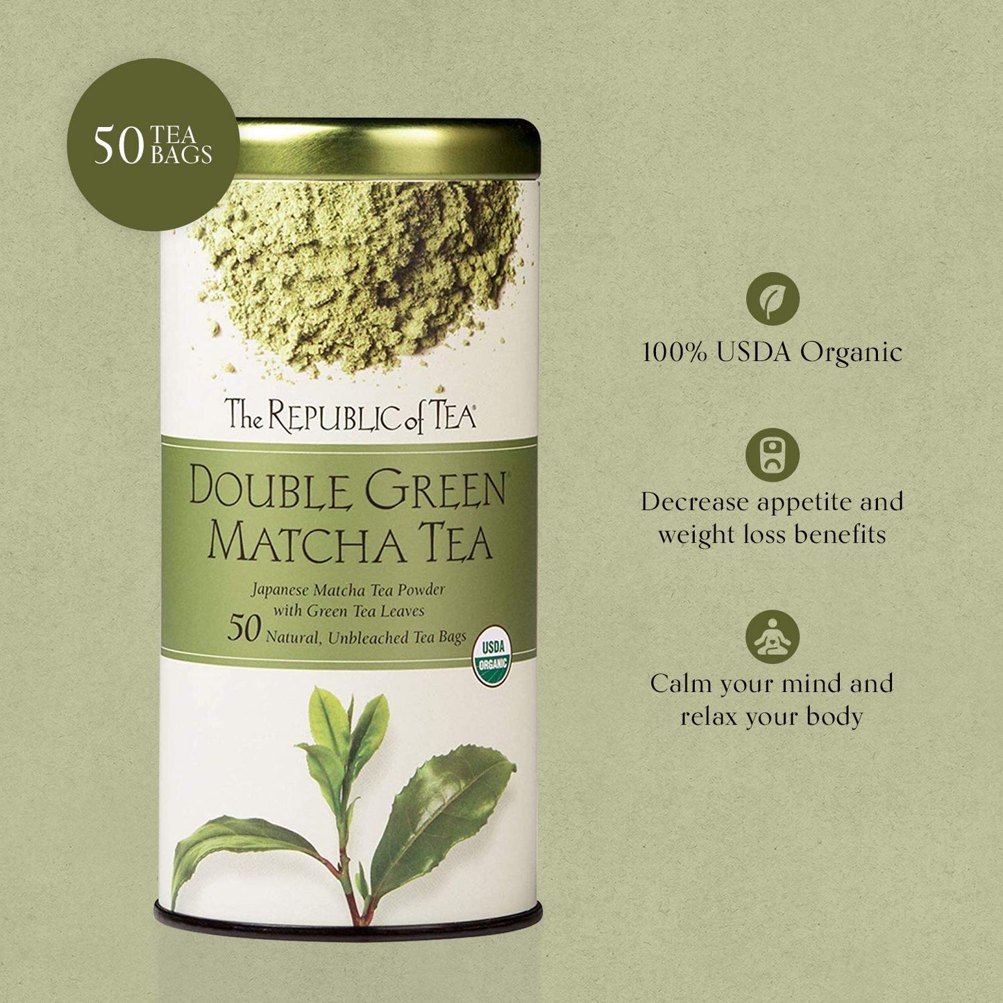 The Republic of Tea 100% Organic Double Green Matcha Tea Bags (40051) - Green Tea and Organic Stone-Ground Japanese Tencha Leaves - Matcha Tea Powder