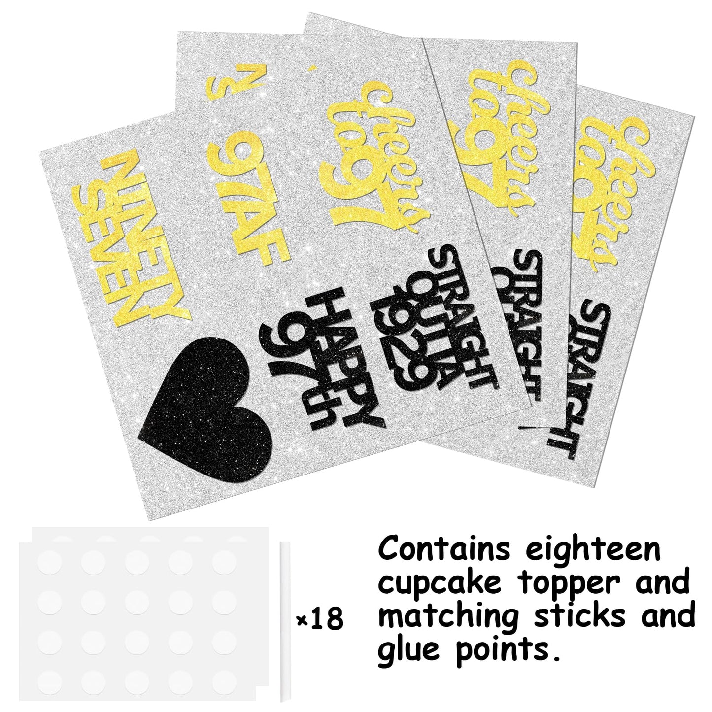 18pcs Black Gold Glitter Dessert Cupcake Pick for Straight Outta 1929 Cheer to 97 Years Old Theme Decor Supplies Happy 97th Birthday Party Decoration