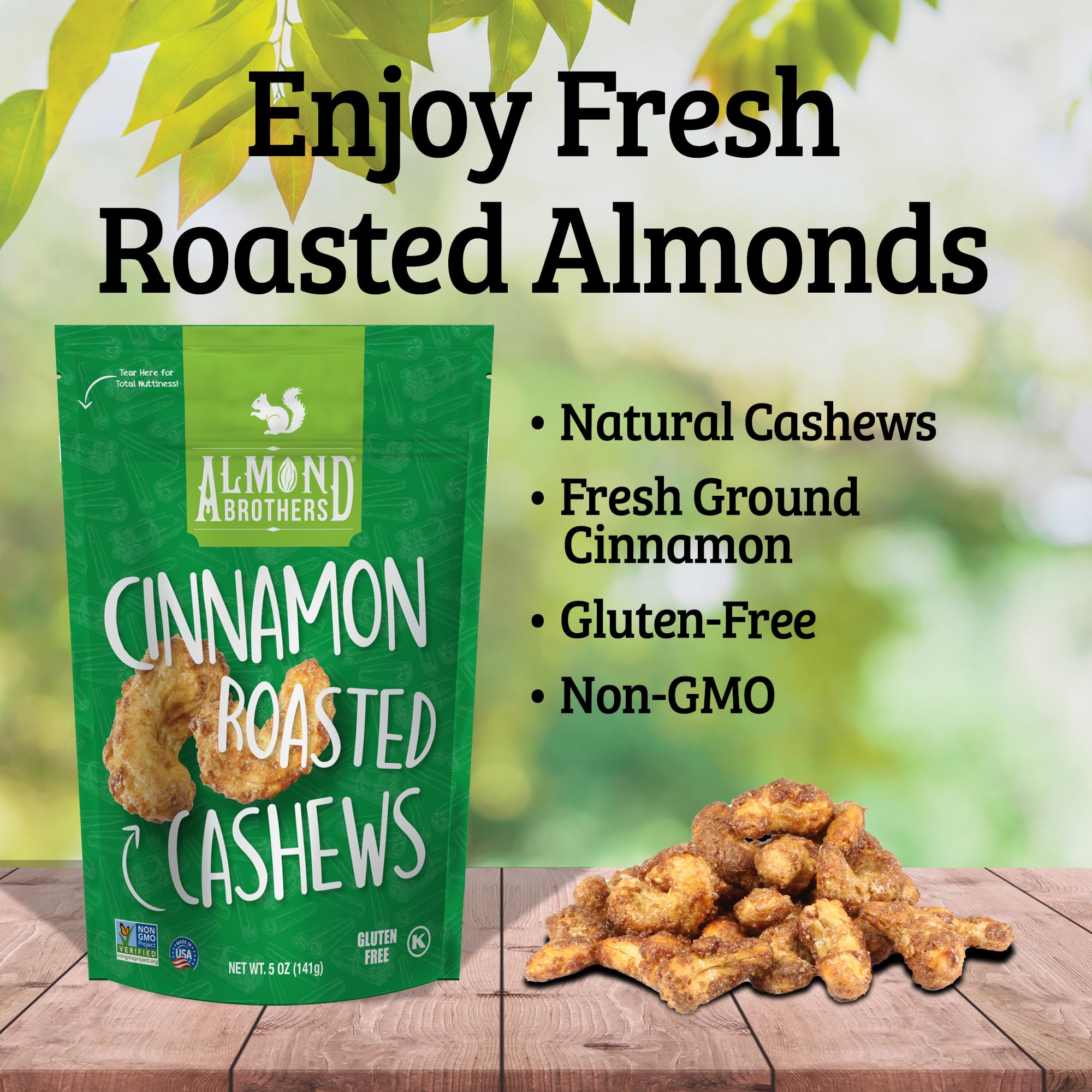 Almond Brothers Roasted Cashews - Pack of 3, 5 oz Hand Crafted Cinnamon Glazed Roasted Cashews, Gluten-Free, Non-GMO