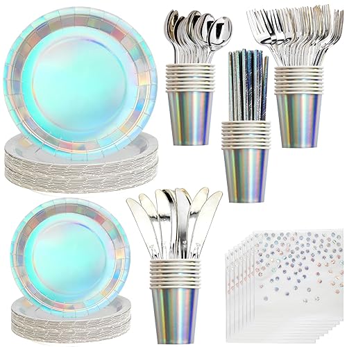200 pieces of silver party supplies, disposable tableware set, silver paper plates, cups, napkins, plastic knives, forks and spoons, for 25 people