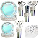 200 pieces of silver party supplies, disposable tableware set, silver paper plates, cups, napkins, plastic knives, forks and spoons, for 25 people