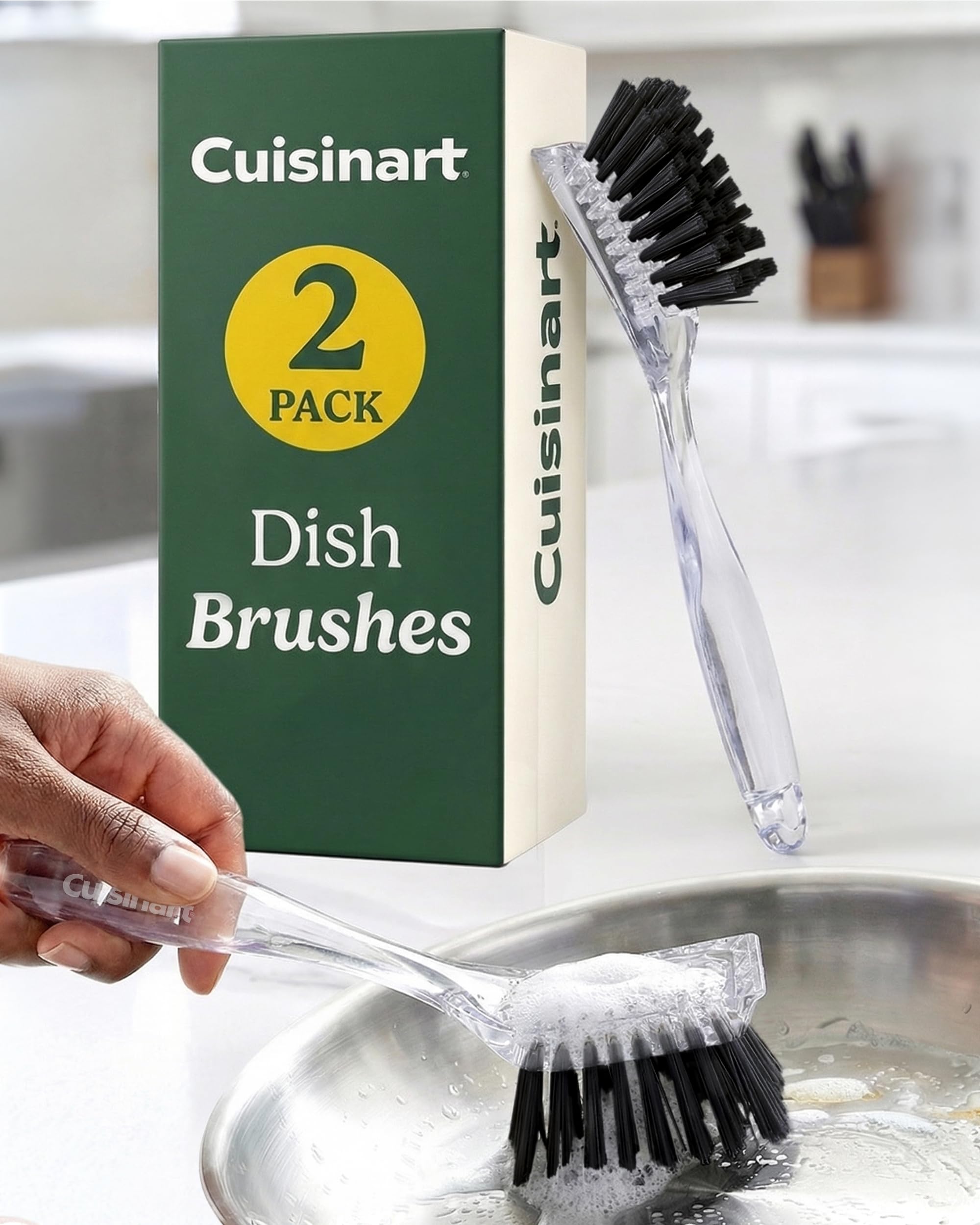 Cuisinart Dish Brush with Handle 2 Pack - Kitchen Scrub Brush for Dishes, Pots & Pans, Non-Scratch Dish Scrubber, Firm Bristles for Sink & Cookware