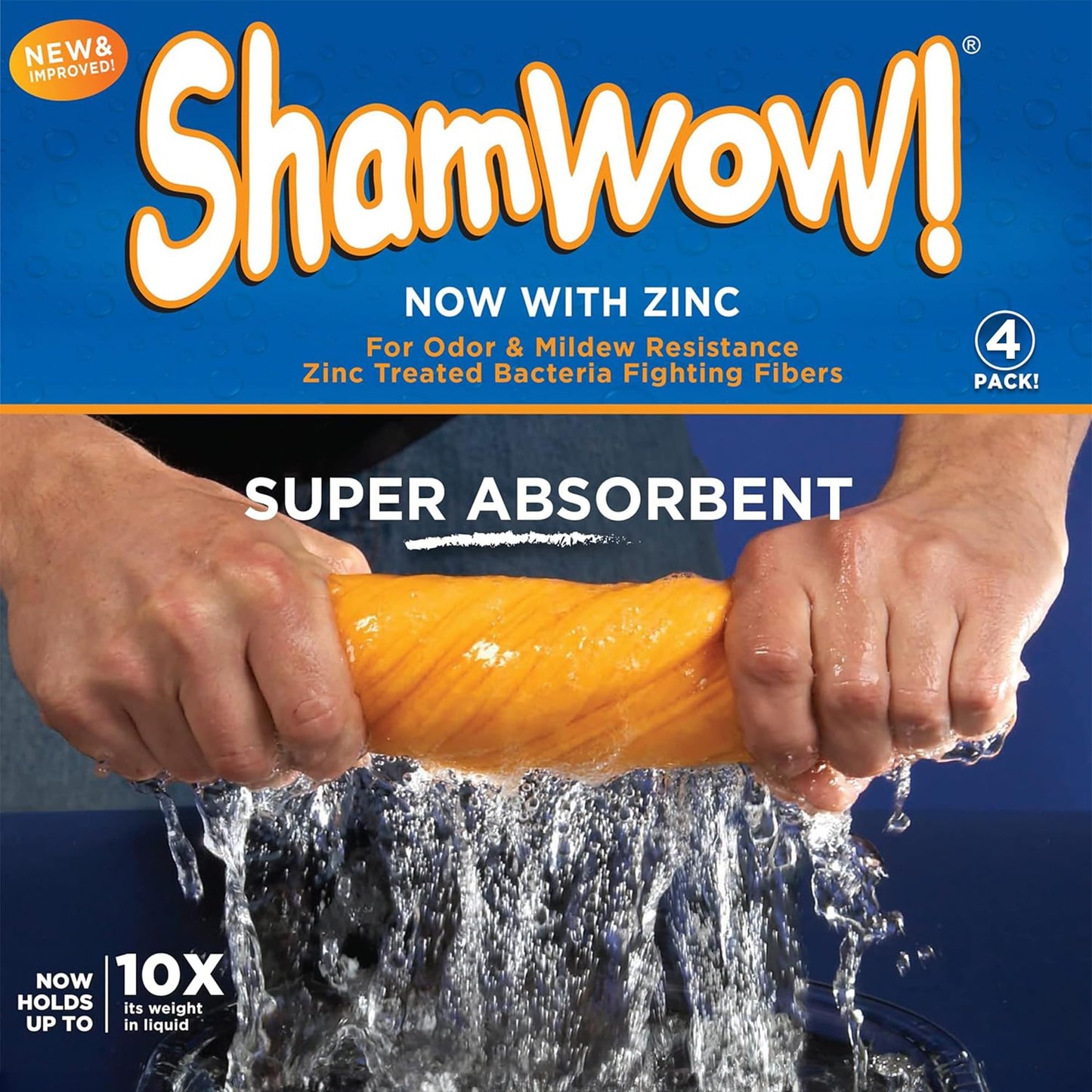 ShamWow 4pk (20"x27") Shammy Super Absorbent Multi-Purpose Home Cleaning, Chamois Towel for Cars, Lint-Free, Streak-Free & Scratch-Free, Holds 10x Its