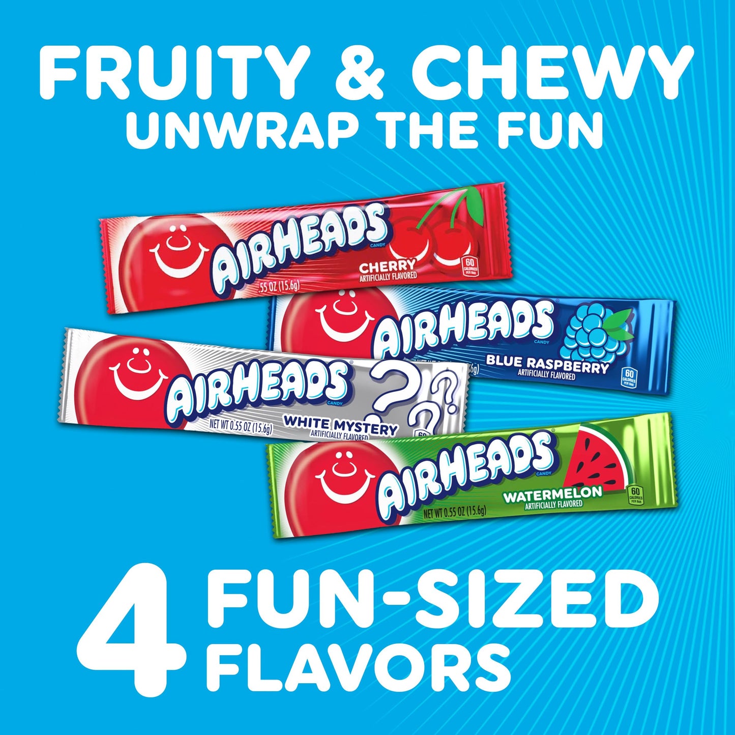 Airheads Full-Size Candy Bars, Taffy Candy Bulk Variety Pack, Individually Wrapped, Six Assorted Fruit Flavors Artificially Flavored, 60 Count Box