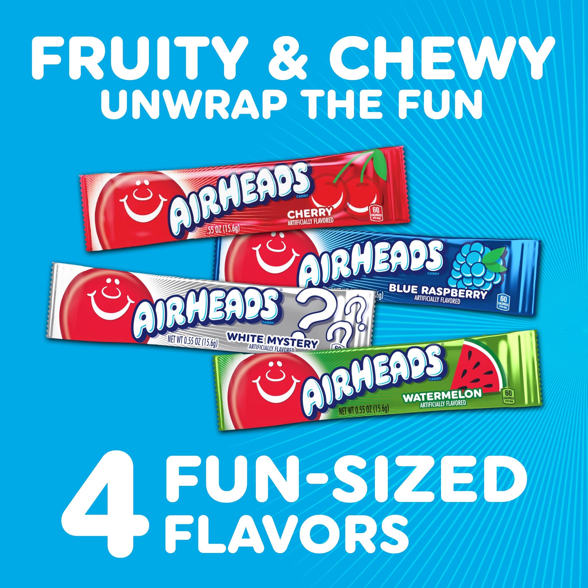 Airheads Full-Size Candy Bars, Taffy Candy Bulk Variety Pack, Individually Wrapped, Six Assorted Fruit Flavors Artificially Flavored, 60 Count Box