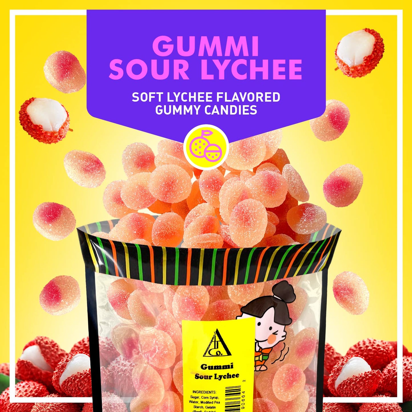 Gummy Sour Lychee Fruit Candy 12 oz - Sweet and Delicious Candy Snack - Perfect Size Bag For Sharing With Friends - Bite Size Pieces For Any Occasion