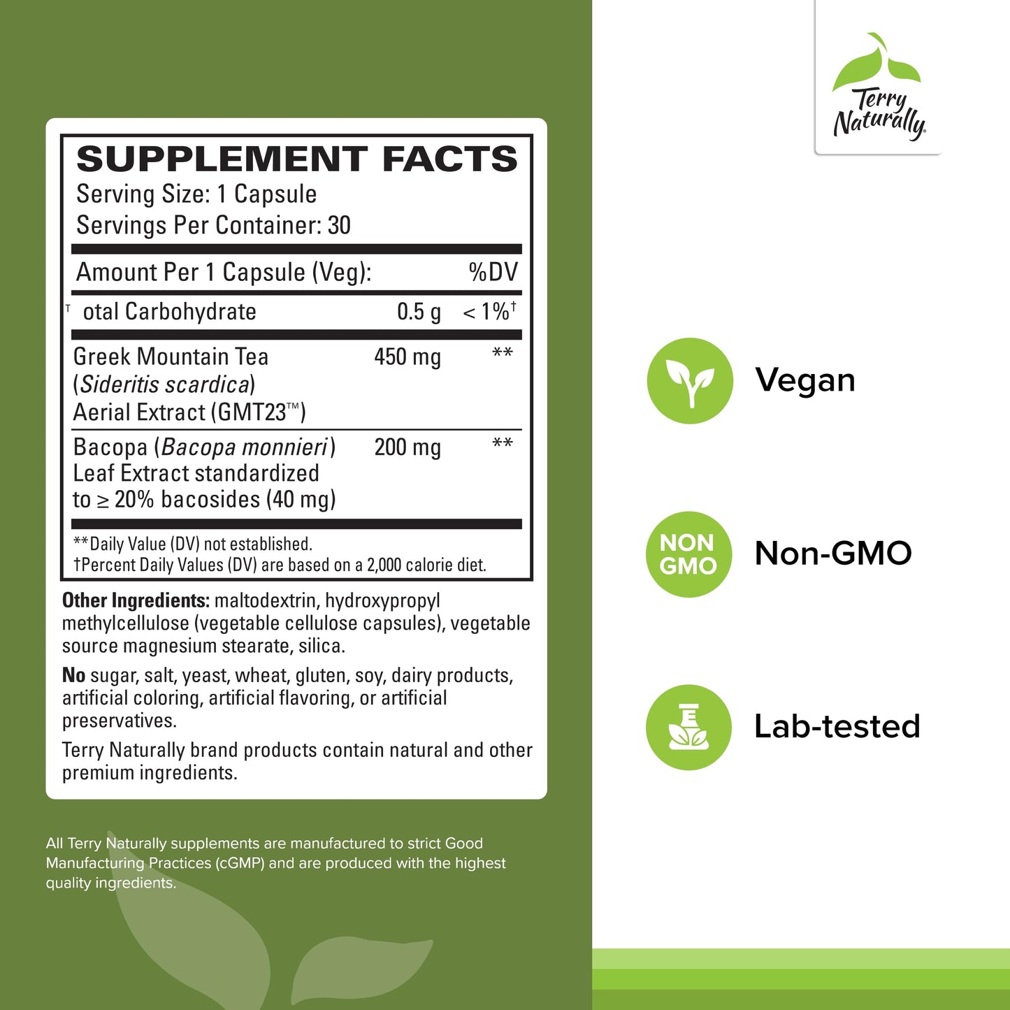 Terry Naturally GMT23 Greek Mountain Tea Plus Bacopa - Dietary Supplement for Focus Support - Brain Health Supplement for Attention to Detail - Herbal