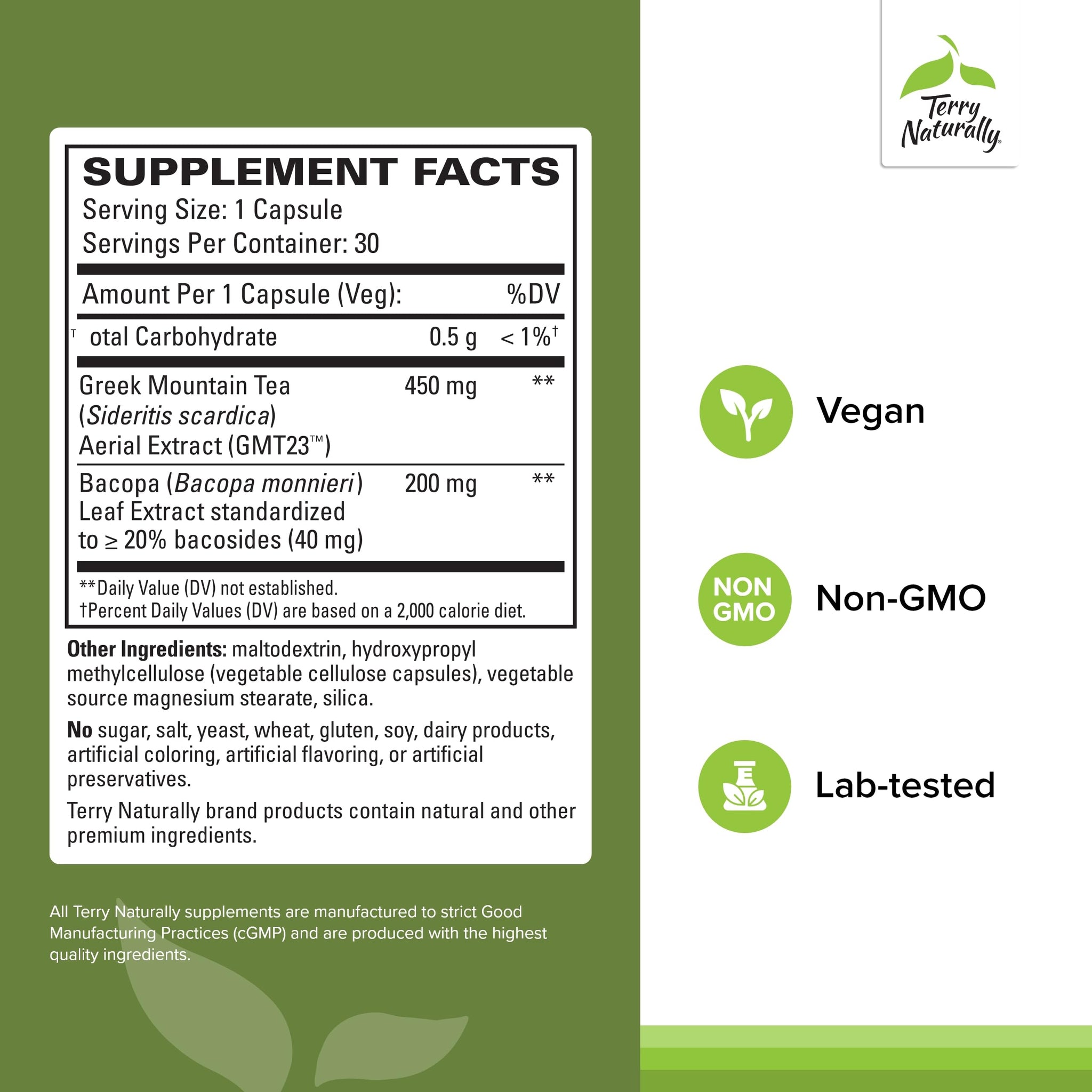 Terry Naturally GMT23 Greek Mountain Tea Plus Bacopa - Dietary Supplement for Focus Support - Brain Health Supplement for Attention to Detail - Herbal