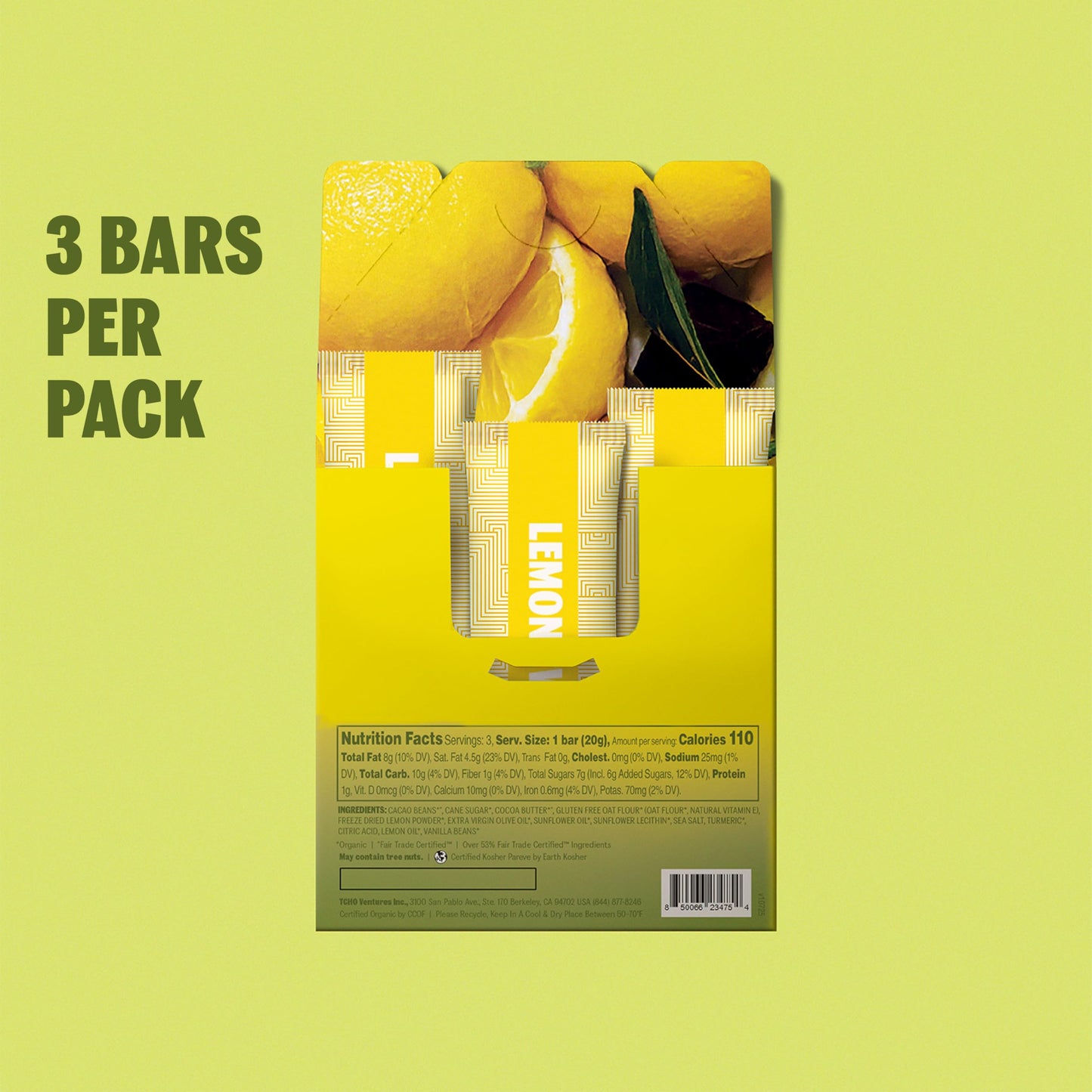 TCHO Lemon Twist Chocolate Bar (3 Pack) | 67% Dark Chocolate Shell with Lemon & Oat-Milk White Chocolate Filling | Plant-Based Organic & Fair Trade |
