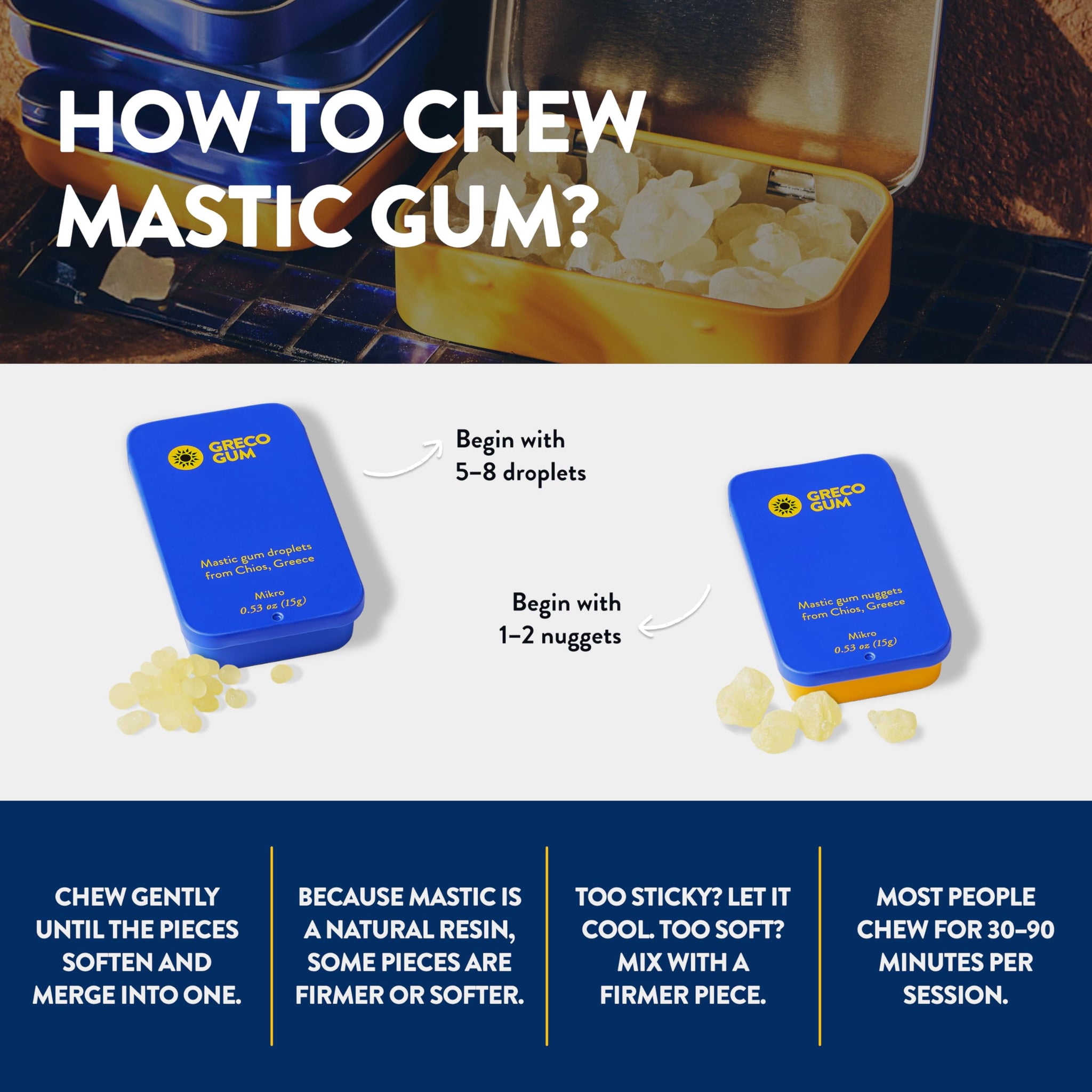 Greco Gum - Mastic Gum Nuggets - Large Pieces Hard Chewing Gum for Jawline Training, Digestive Support, Bloating Relief - Travel Size, Piney Flavor