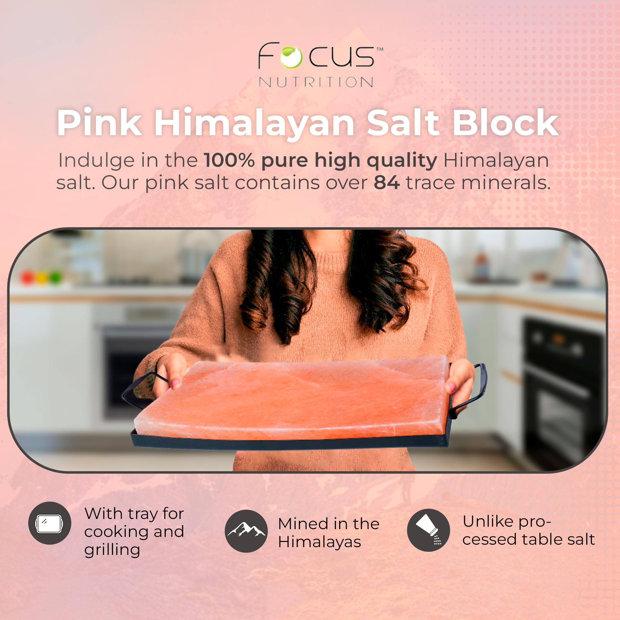 FOCUS NUTRITION Pink Himalayan Salt Block With Tray - Salt Stone For Grilling, Cooking, Serving | 100% Pure Salt Slab | Unique Gifts for Cooks | Food