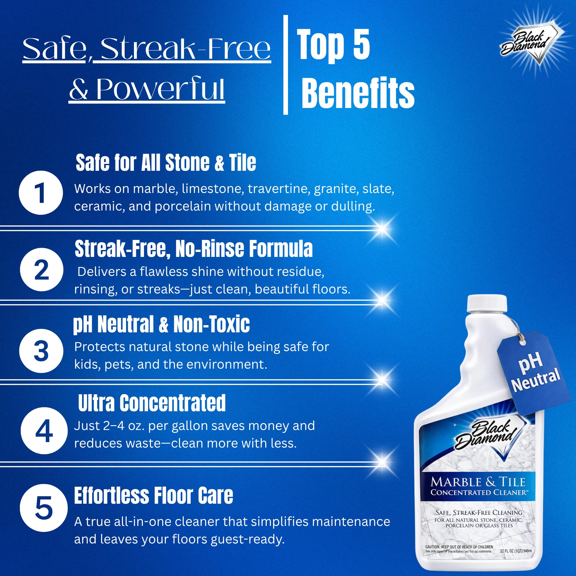 Black Diamond Stoneworks Marble & Tile Floor Cleaner Concentrate, pH Neutral, Streak-Free & No-Rinse Formula for Granite, Travertine, Limestone