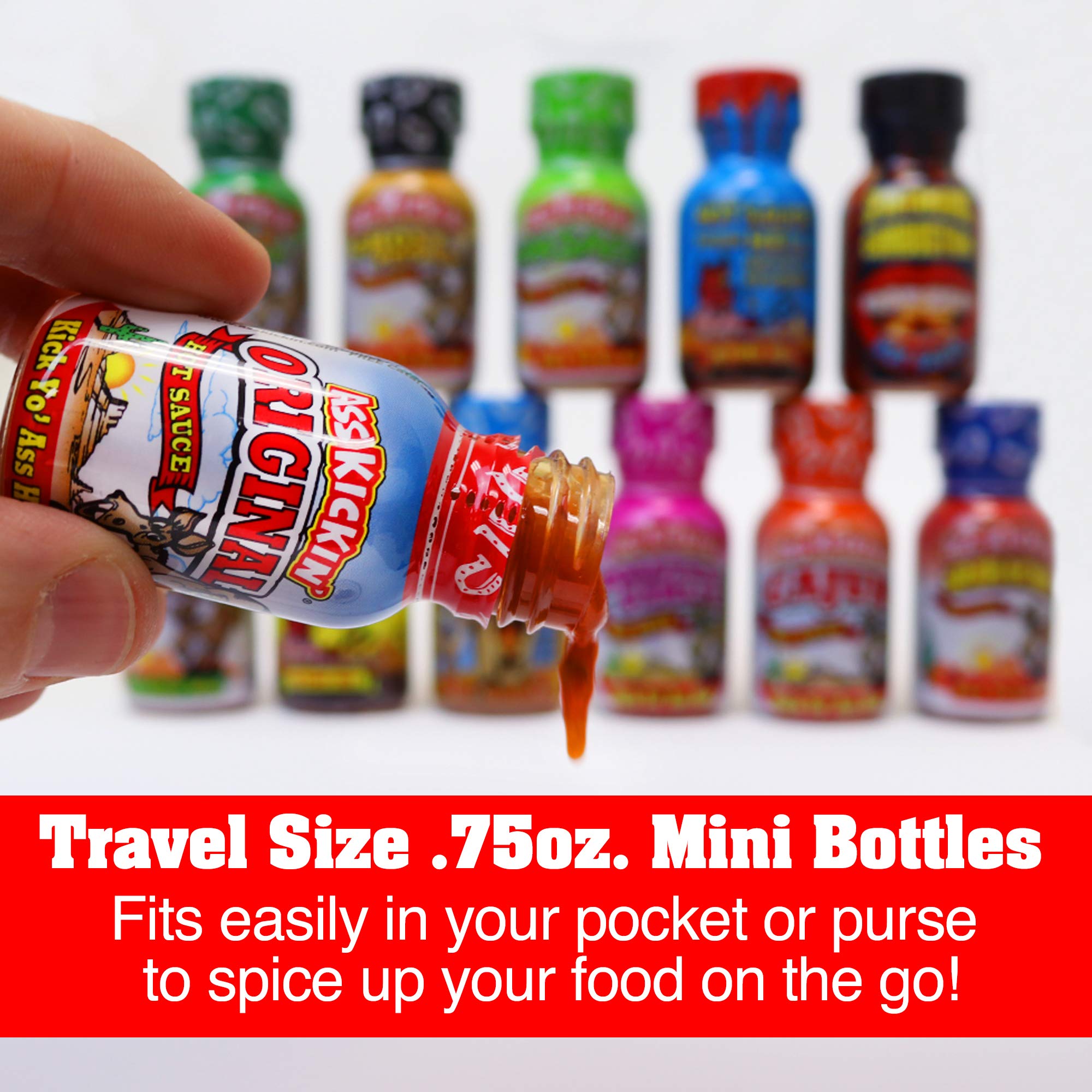 ASS KICKIN' Premium Hot Sauce Travel Size Mini Bottles - 8 Pack Gift Set With .75 oz Bottles - Perfect Christmas Gifts for Hot Sauce Fans